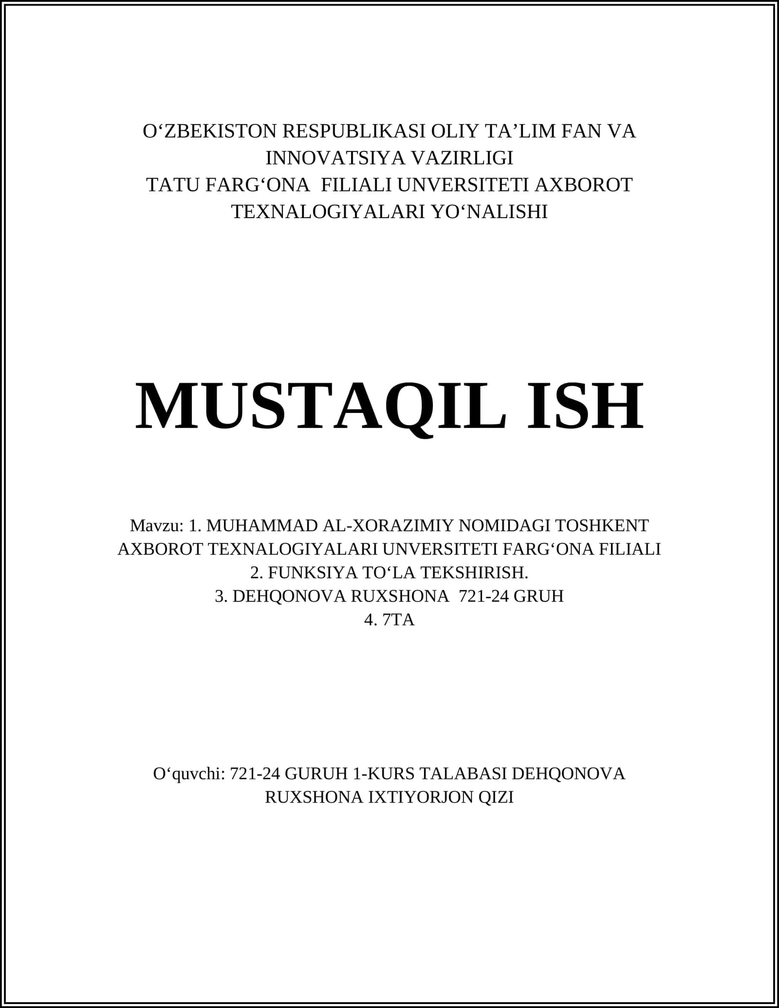 MUHAMMAD AL-XORAZIMIY NOMIDAGI TOSHKENT AXBOROT TEXNALOGIYALARI UNVERSITETI FARG‘ONA FILIALI