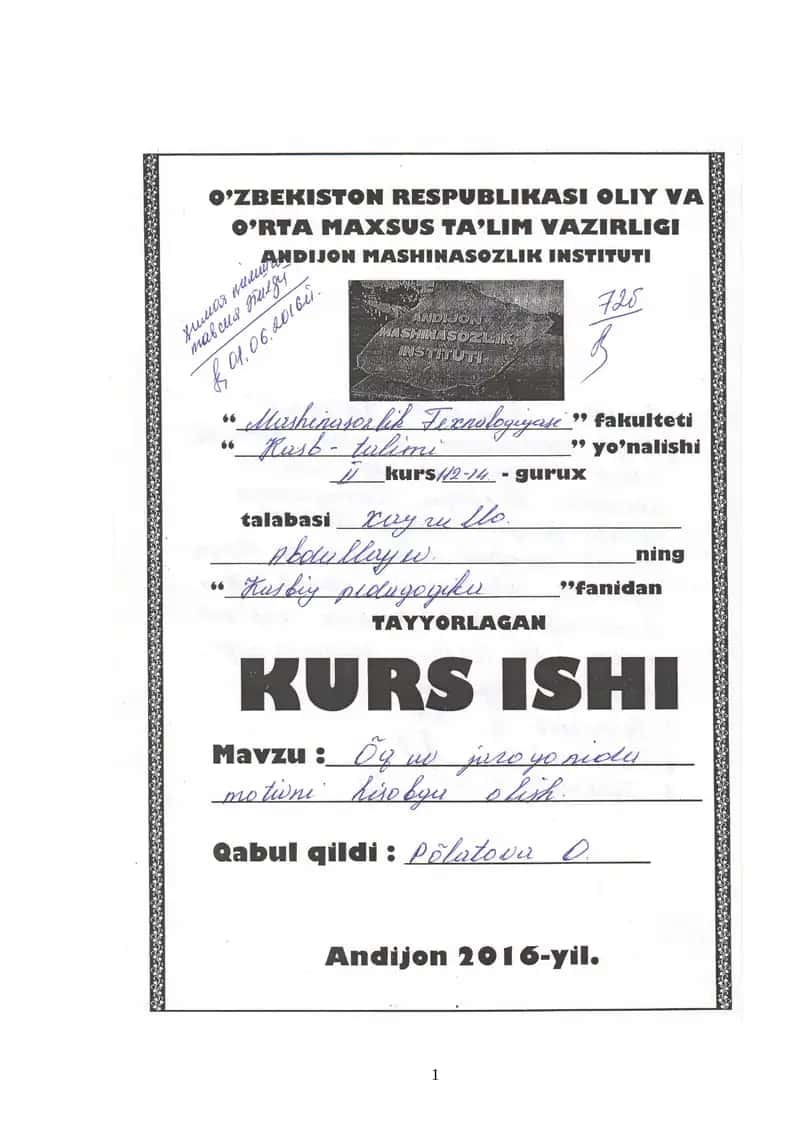 Kurs ishi: O’quv jarayonida motivni hisobga olish