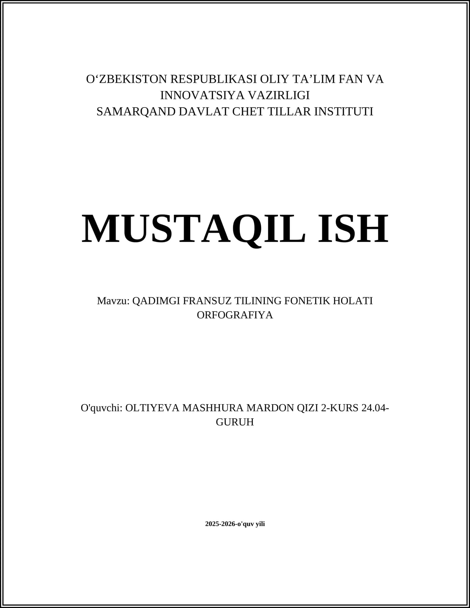 QADIMGI FRANSUZ TILINING FONETIK HOLATI ORFOGRAFIYA