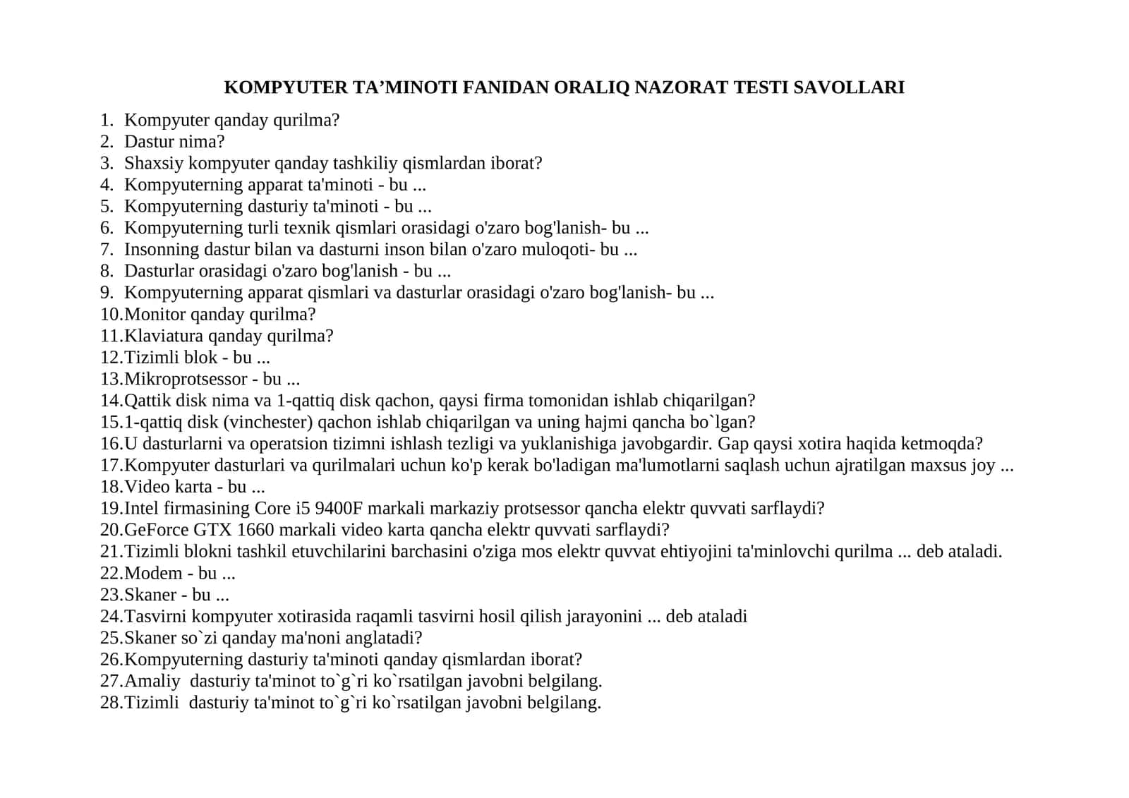 KOMPYUTER TA’MINOTI FANIDAN ORALIQ NAZORAT TESTI SAVOLLARI