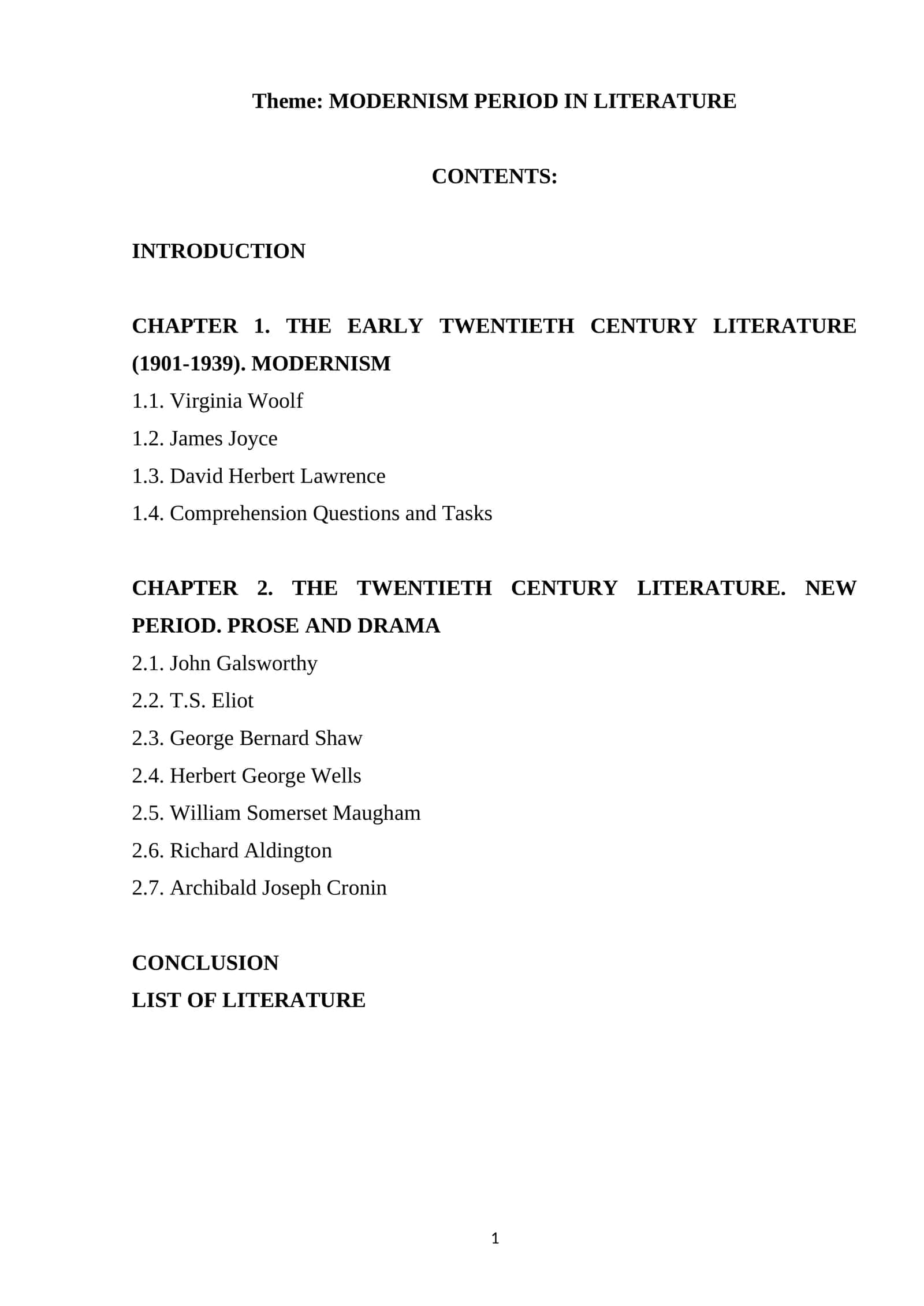 MODERNISM PERIOD IN LITERATURE