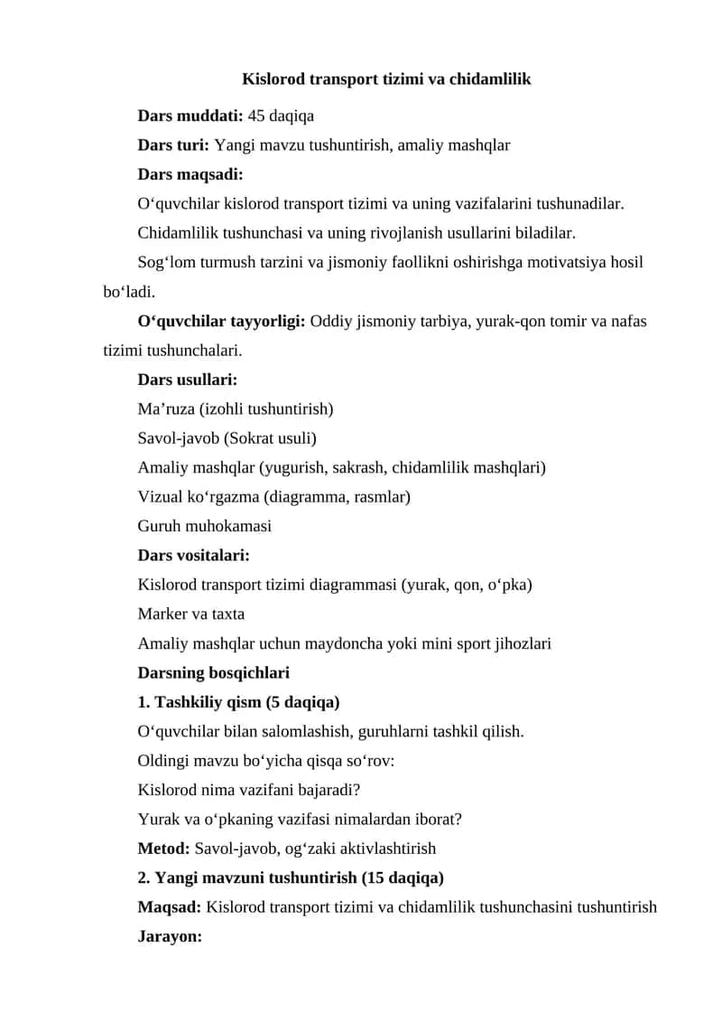 Kislorod transport tizimi va chidamlilik
