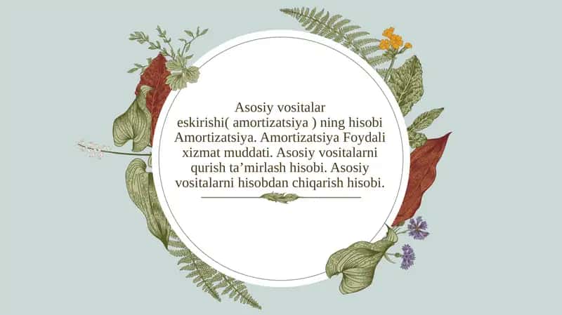 Asosiy vositalar eskirishi( amortizatsiya ) ning hisobi Amortizatsiya. Amortizatsiya Foydali xizmat muddati. Asosiy vositalarni qurish ta’mirlash hisobi. Asosiy vositalarni hisobdan chiqarish hisobi.