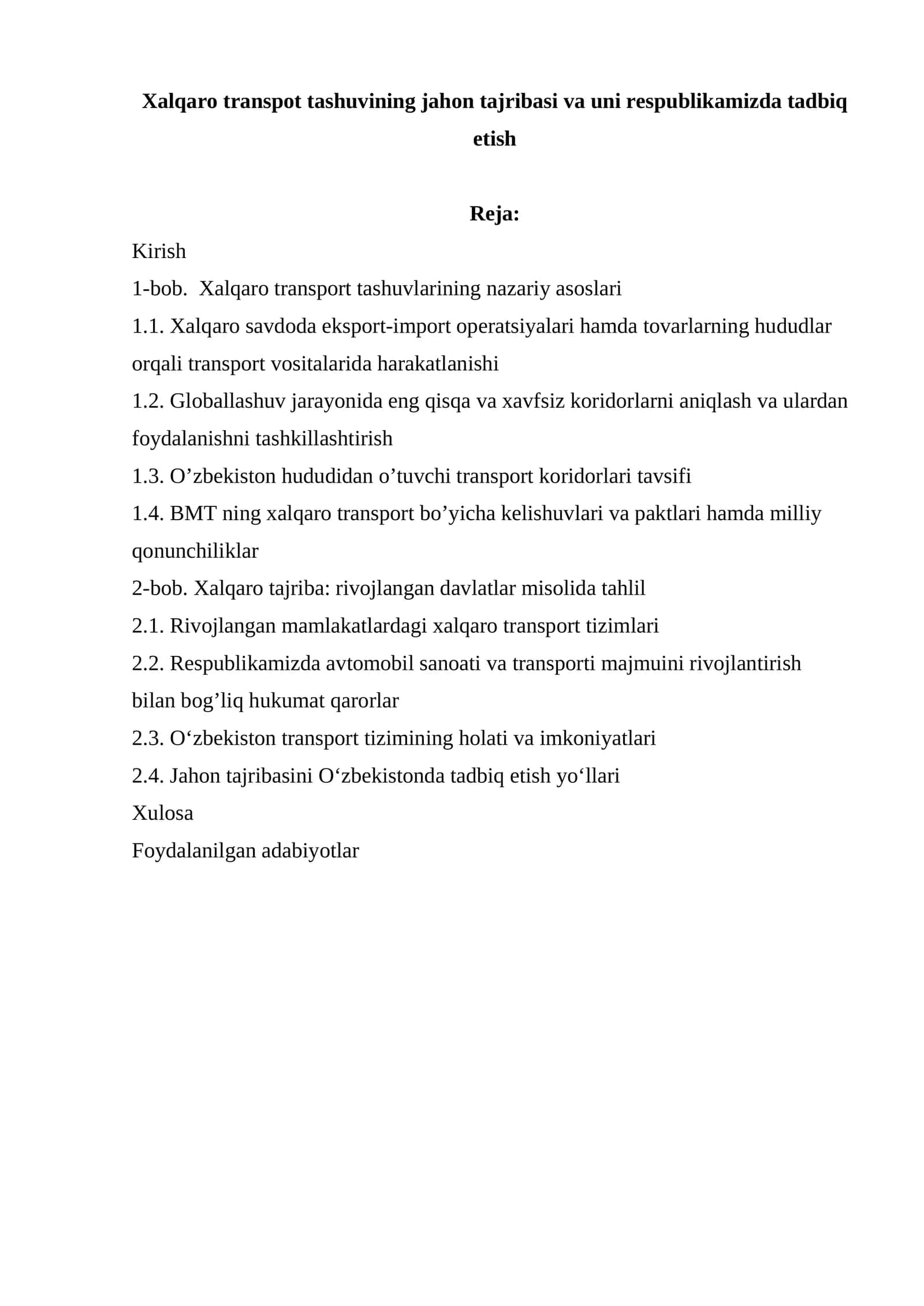 Xalqaro transpot tashuvining jahon tajribasi va uni respublikamizda tadbiq etish