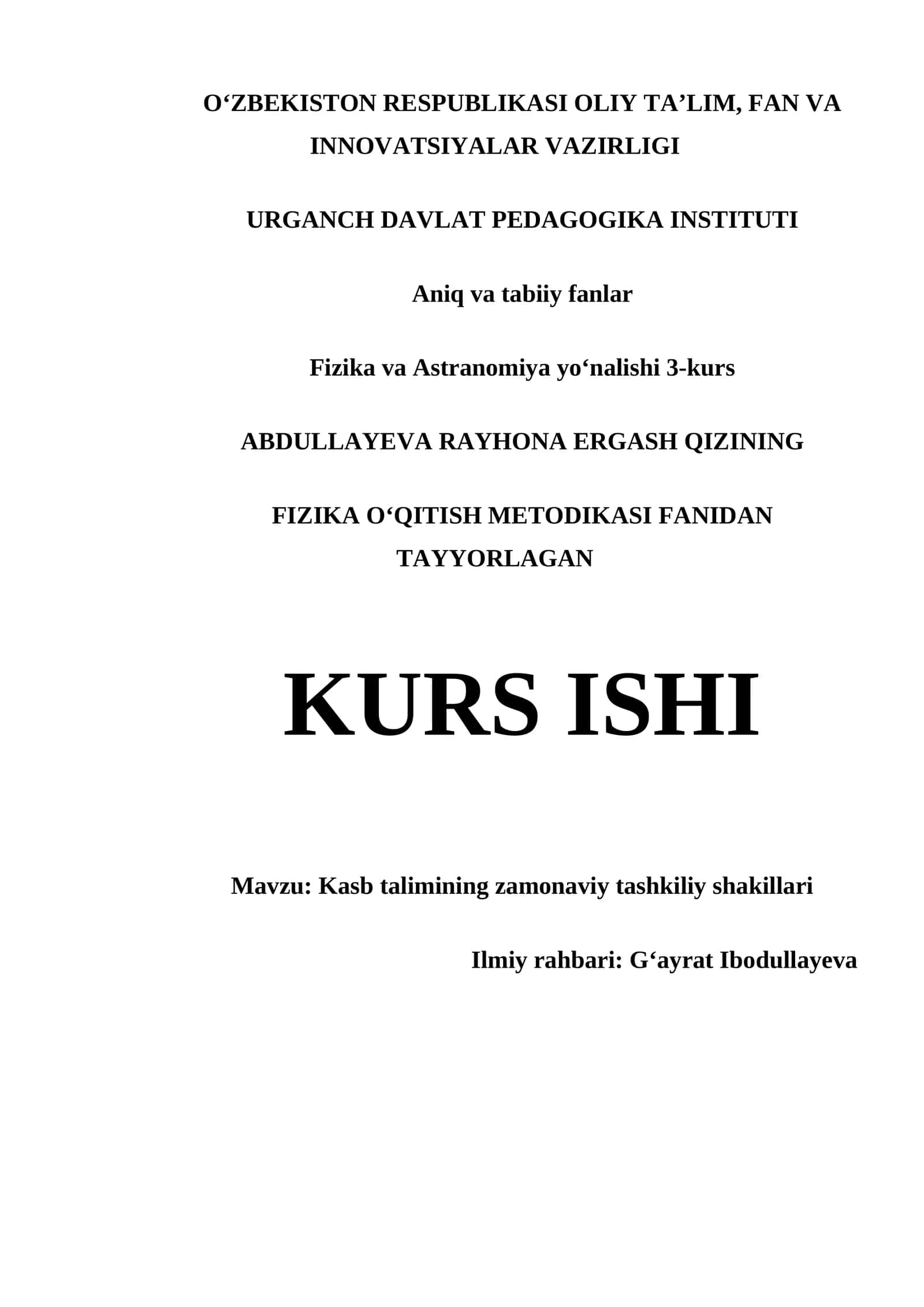Kasb talimining zamonaviy tashkiliy shakillari