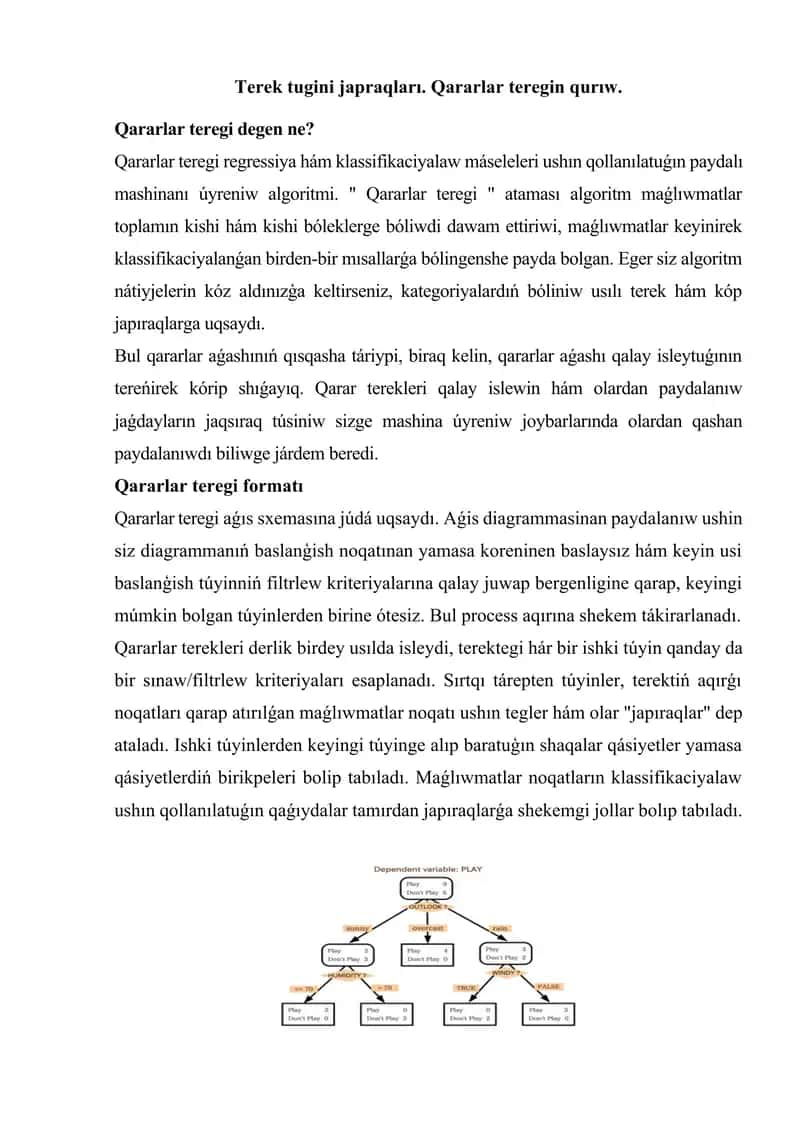 Terek tugini japraqları. Qararlar teregin qurıw.