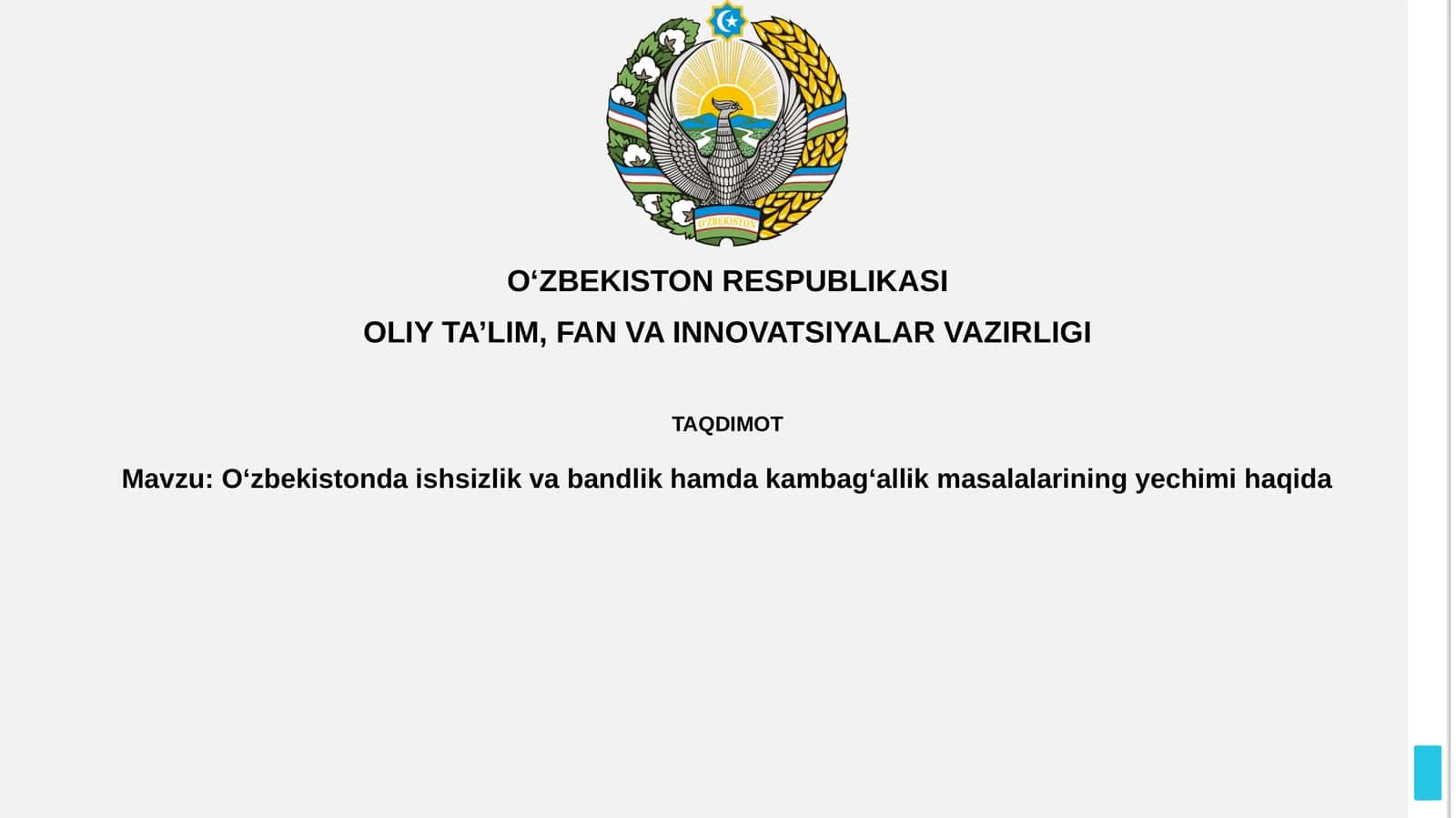 O‘zbekistonda ishsizlik va bandlik hamda kambagʻallik masalalarining yechimi haqida