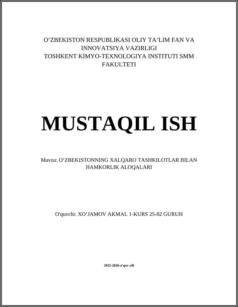 O‘ZBEKISTONNING XALQARO TASHKILOTLAR BILAN HAMKORLIK ALOQALARI