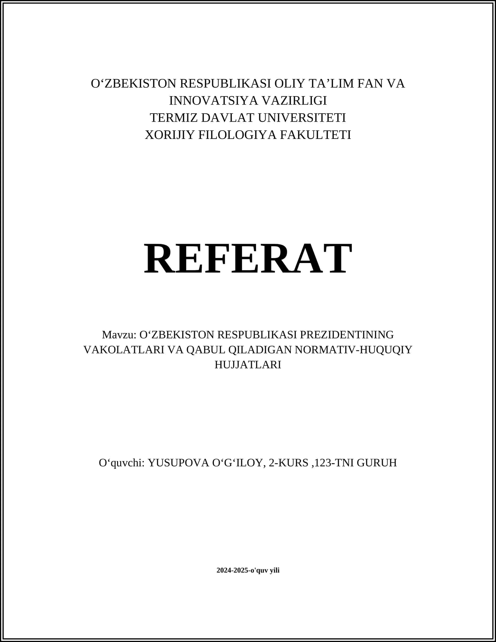 O‘zbekiston Respublikasi Prezidentining Vakolatlari va Normativ-Huquqiy Hujjatlari