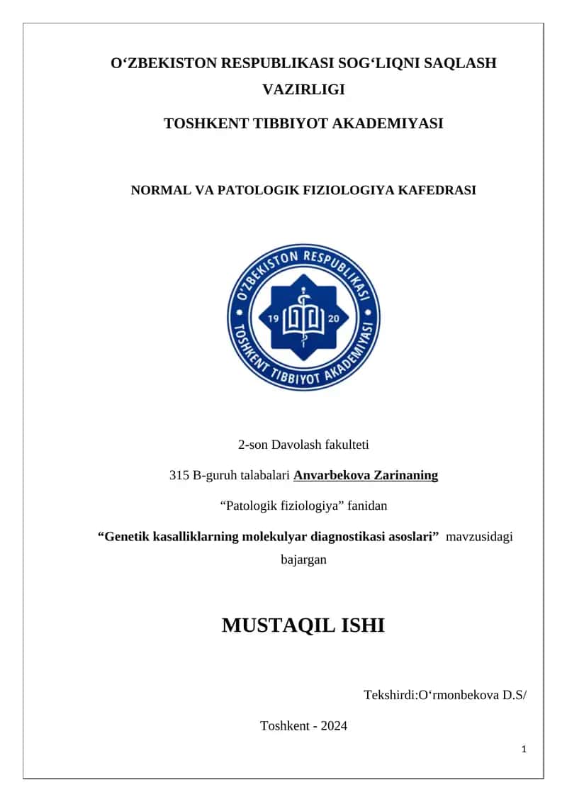 Genetik kasalliklarning molekulyar diagnostikasi asoslari