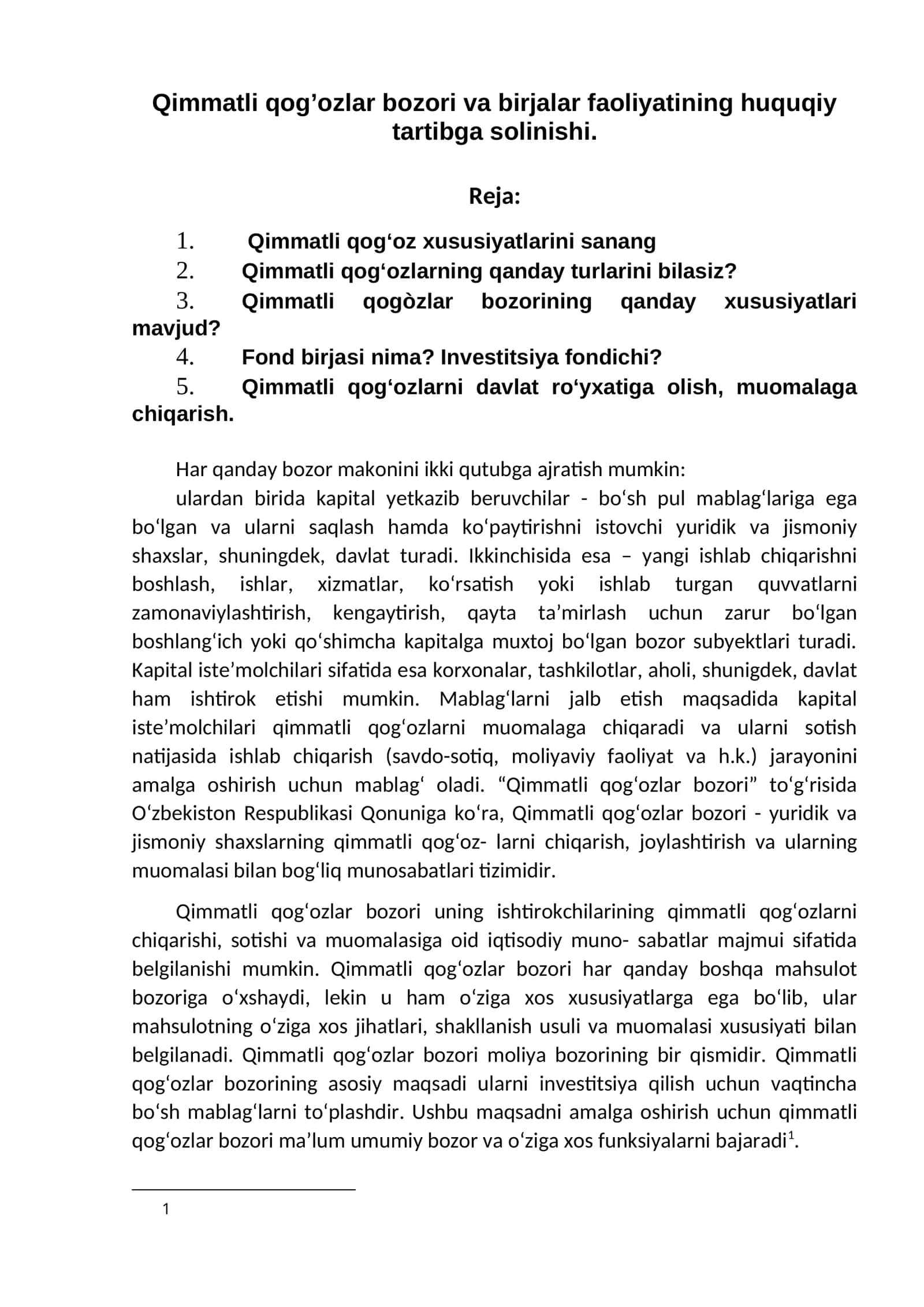 Qimmatli qog’ozlar bozori va birjalar faoliyatining huquqiy tartibga solinishi