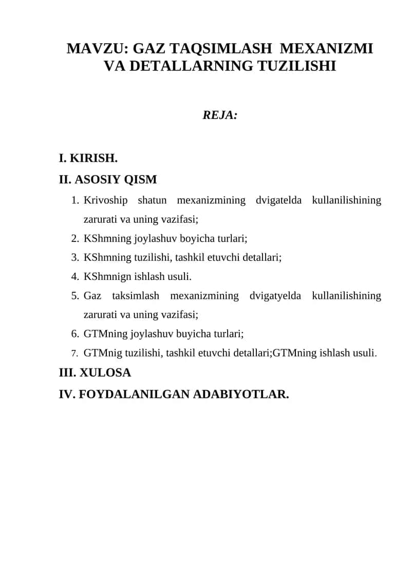 GAZ TAQSIMLASH MEXANIZMI VA DETALLARNING TUZILISHI