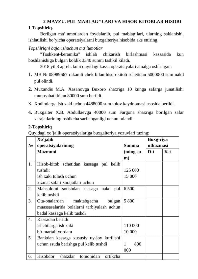 PUL MABLAG’’LARI VA HISOB-KITOBLAR HISOBI