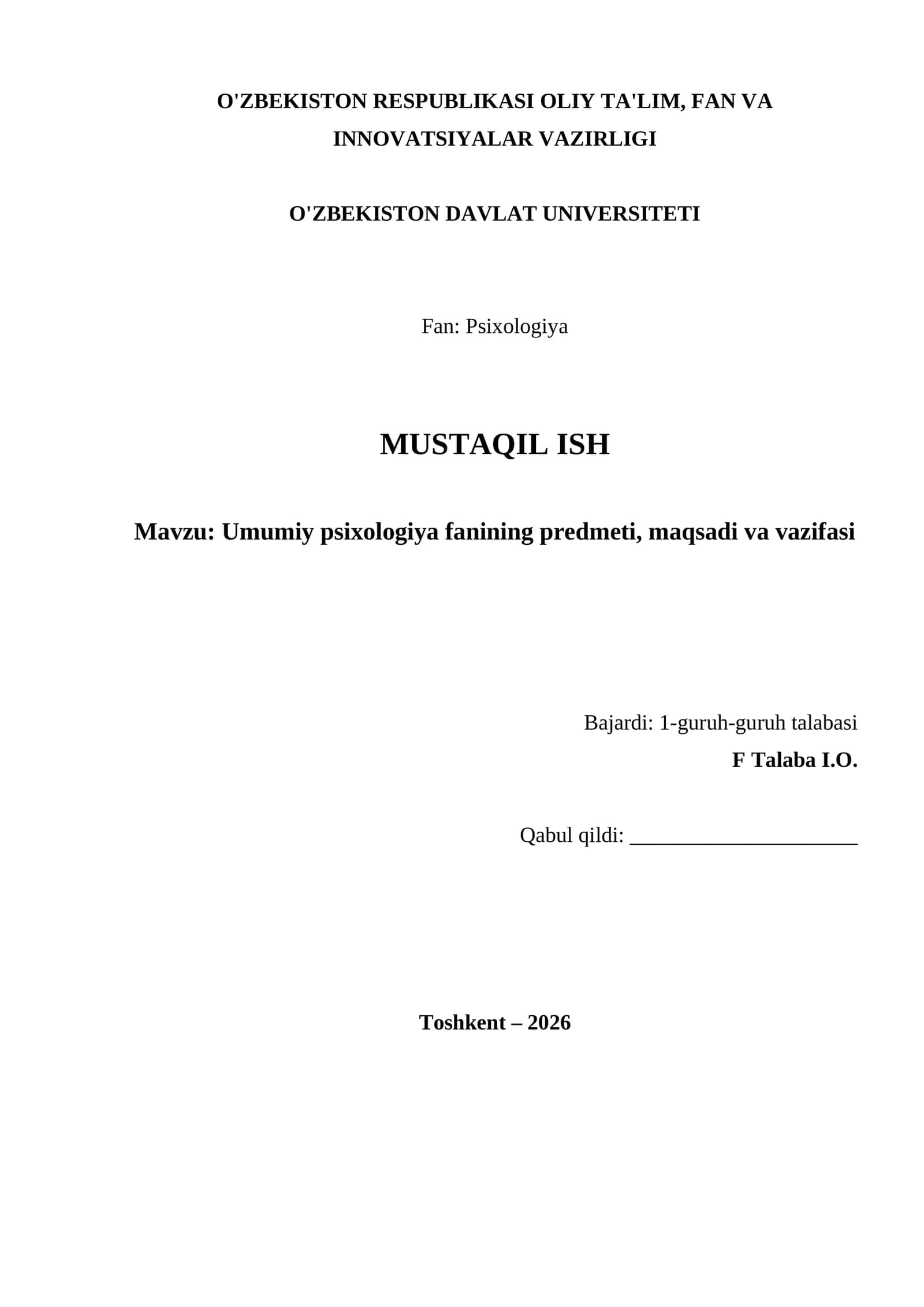 Umumiy psixologiya fanining predmeti, maqsadi va vazifasi