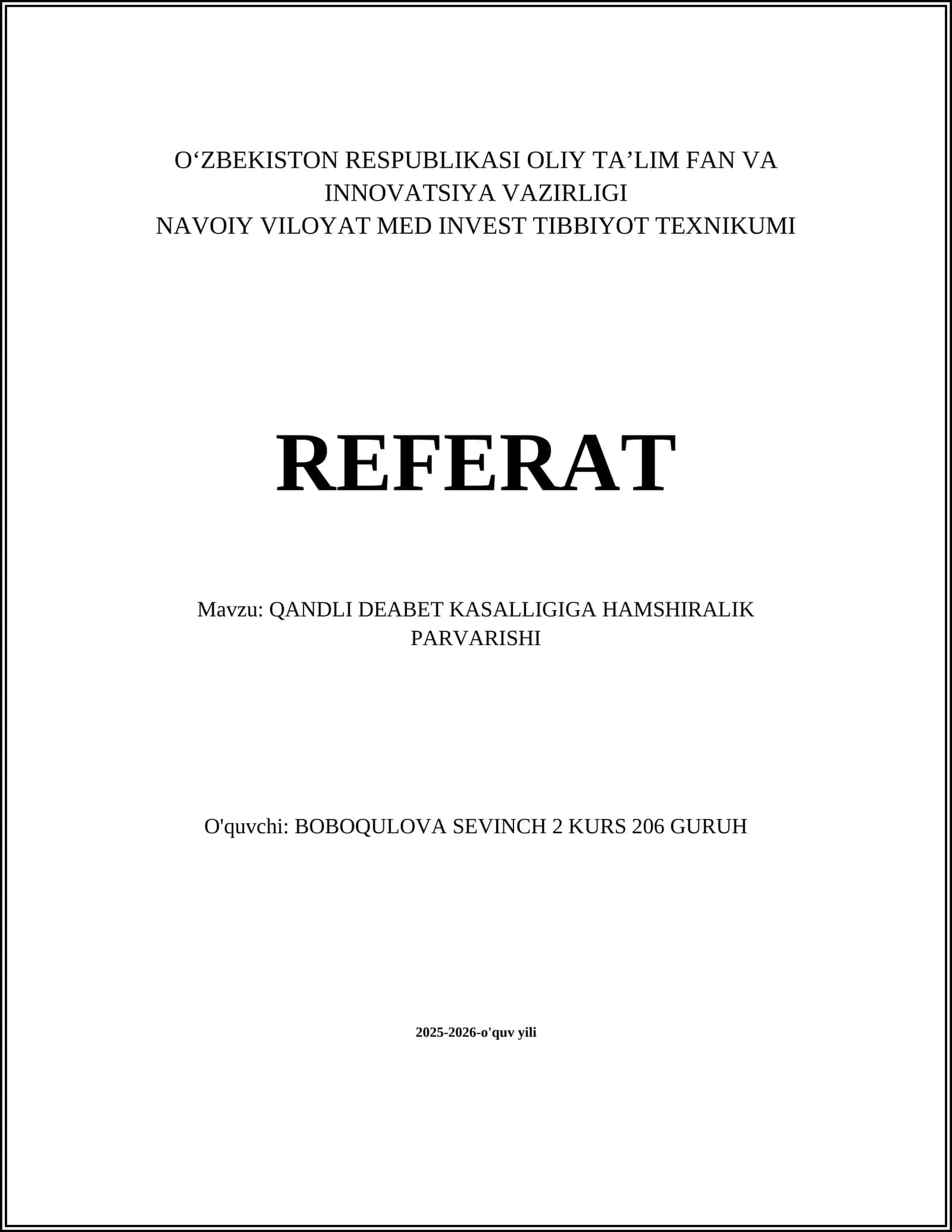 QANDLI DEABET KASALLIGIGA HAMSHIRALIK PARVARISHI