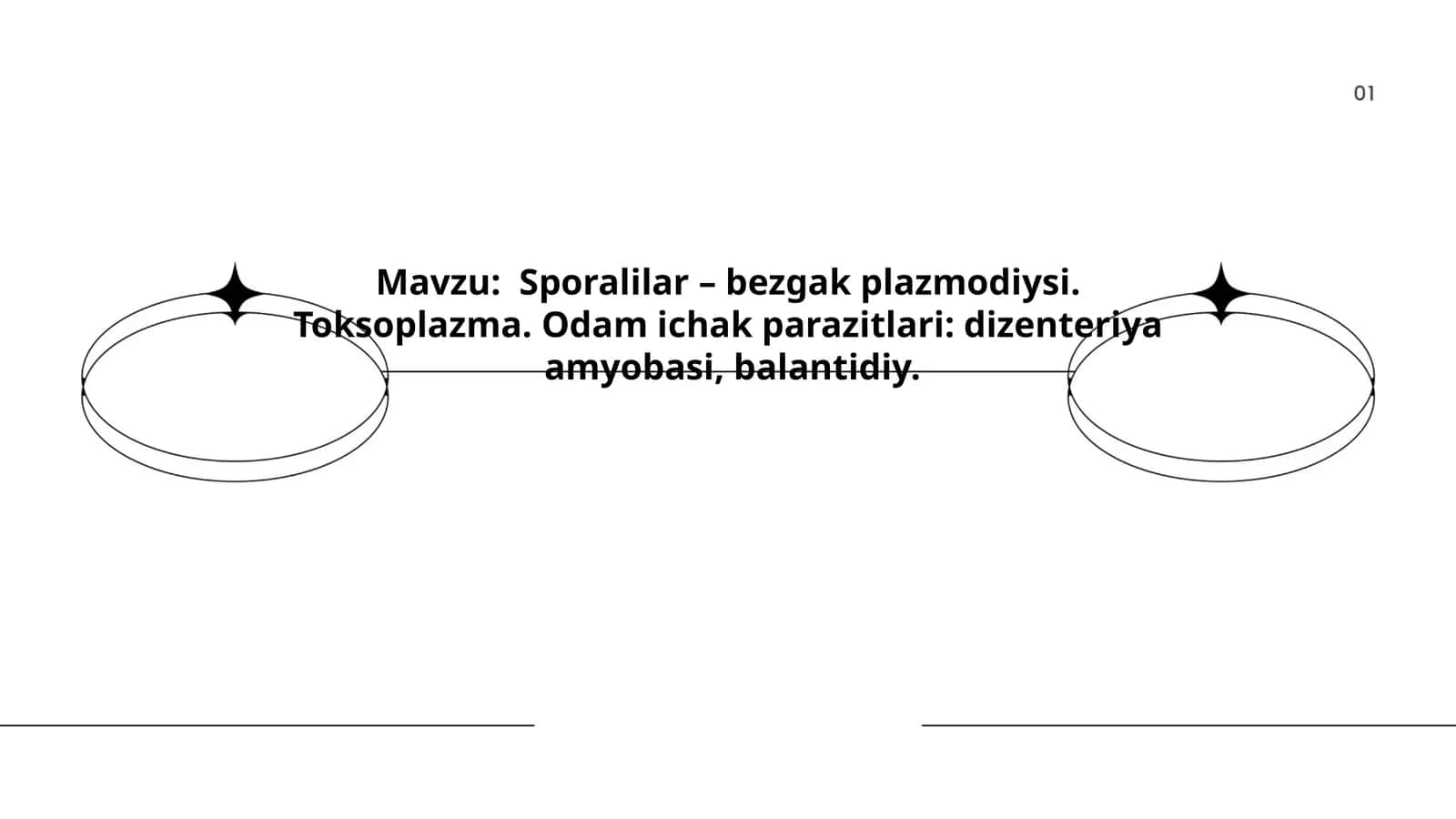 Sporalilar – bezgak plazmodiysi. Toksoplazma. Odam ichak parazitlari, dizenteriya amyobasi, balantidiy