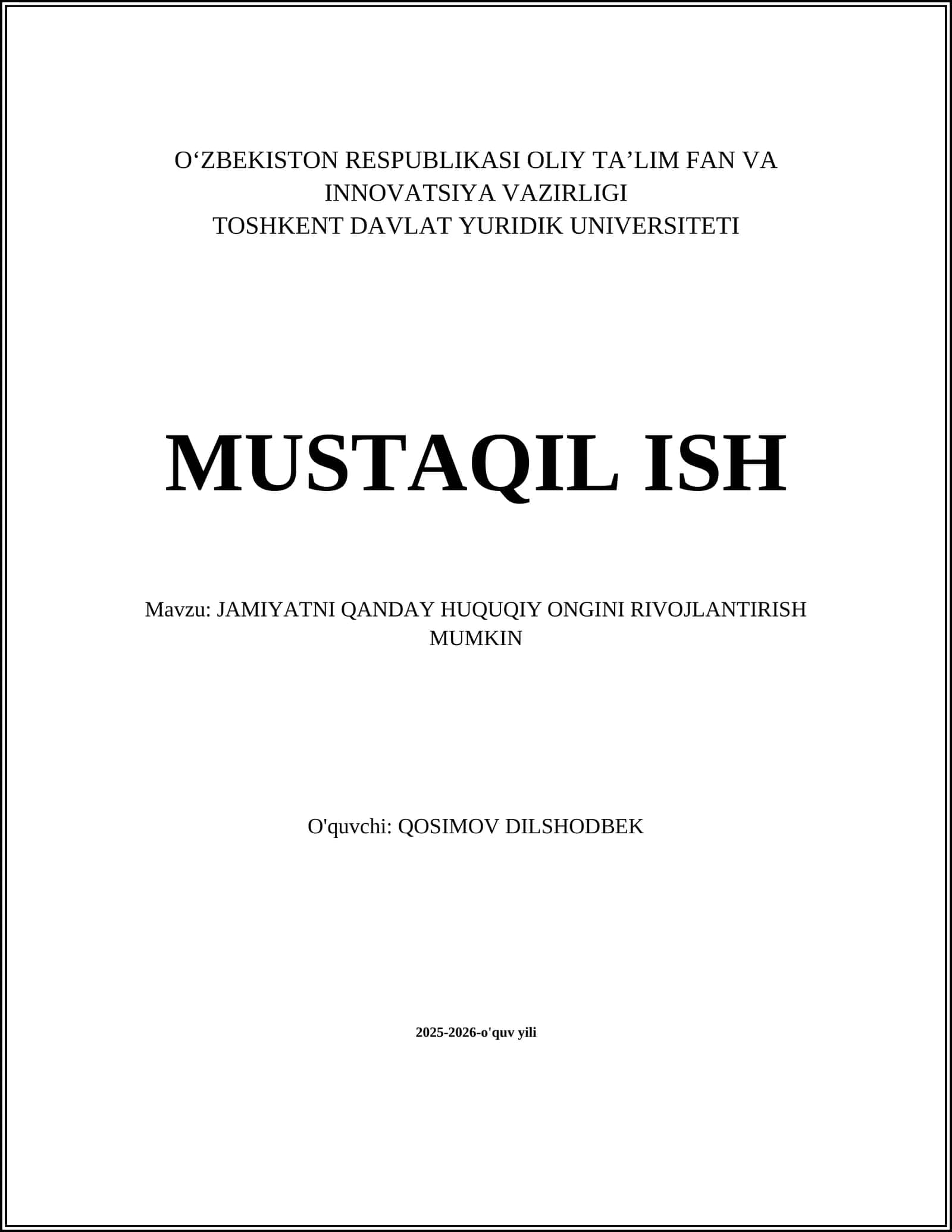 JAMIYATNI QANDAY HUQUQIY ONGINI RIVOJLANTIRISH MUMKIN