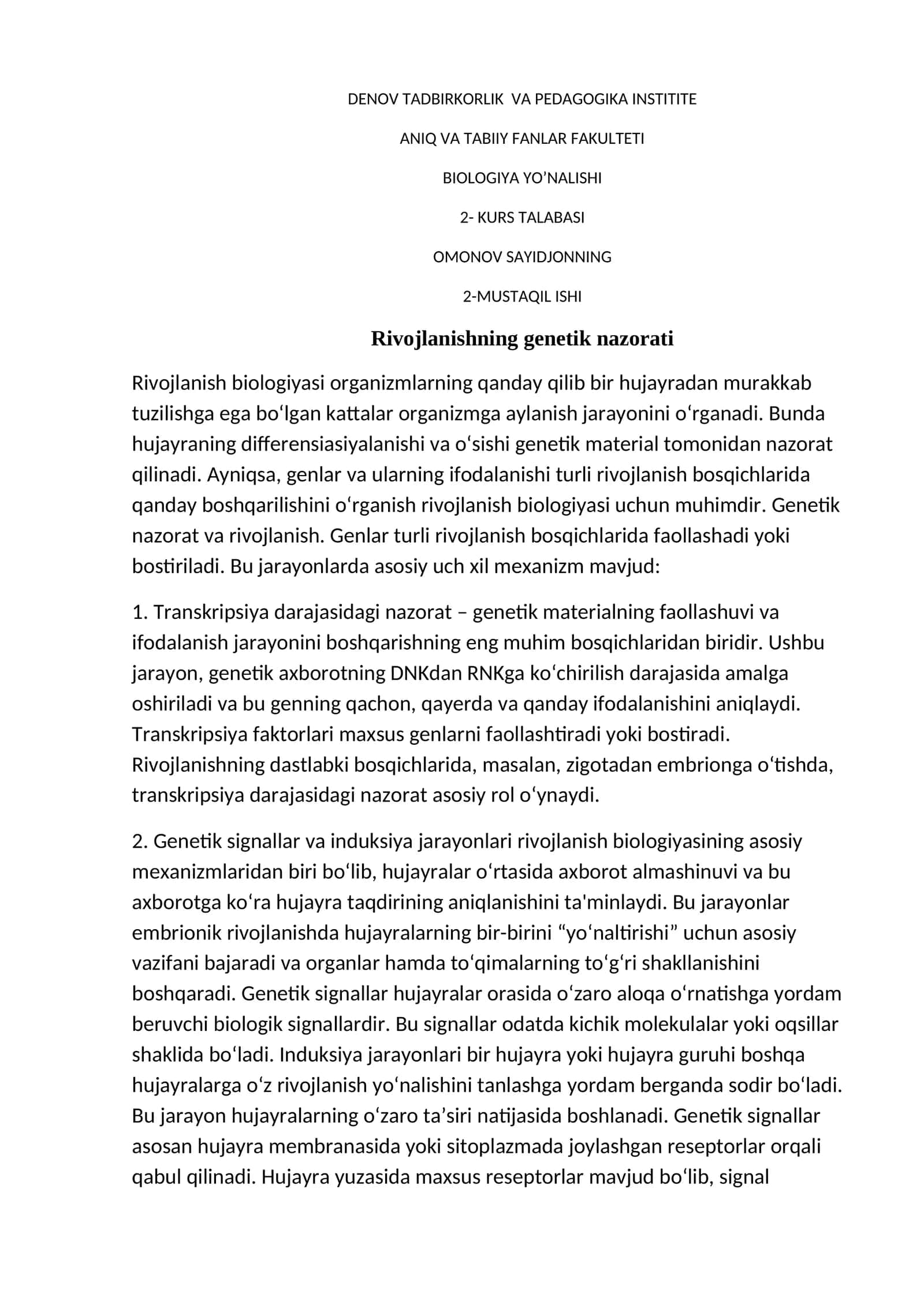Rivojlanishning genetik nazorati