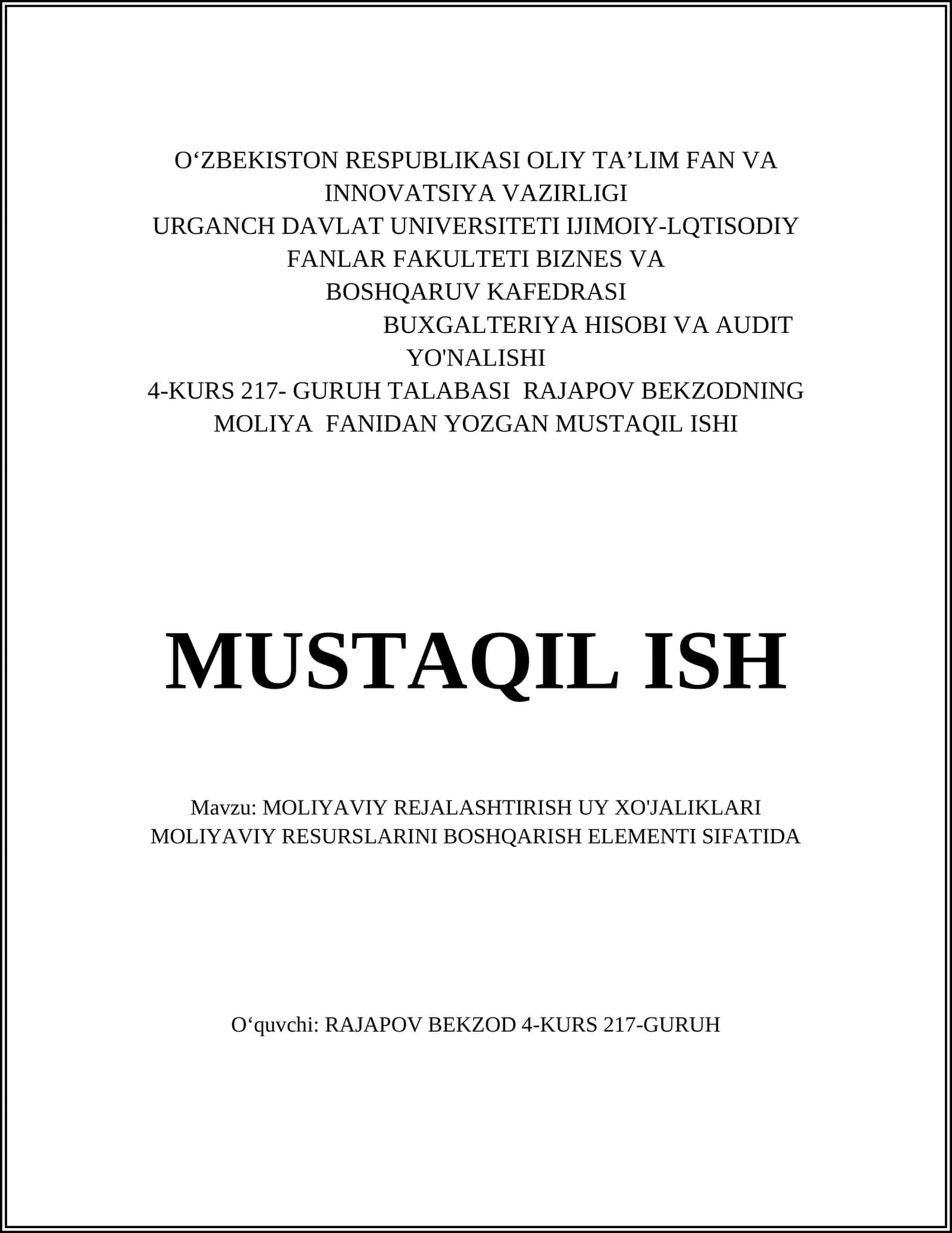 MOLIYAVIY REJALASHTIRISH UY XO'JALIKLARI