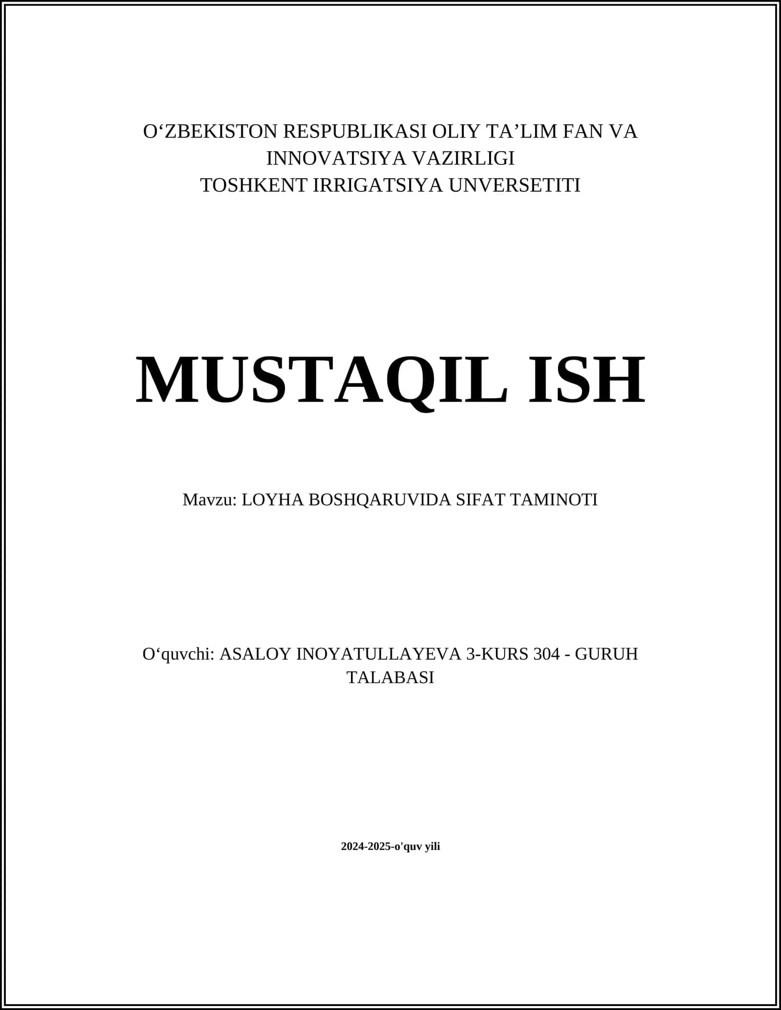 LOYHA BOSHQARUVIDA SIFAT TAMINOTI