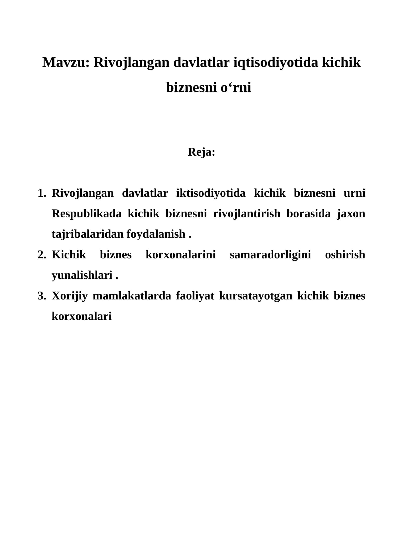 Rivojlangan davlatlar iqtisodiyotida kichik biznesni o‘rni