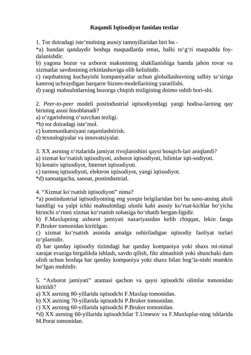 Raqamli Iqtisodiyot fanidan testlar
