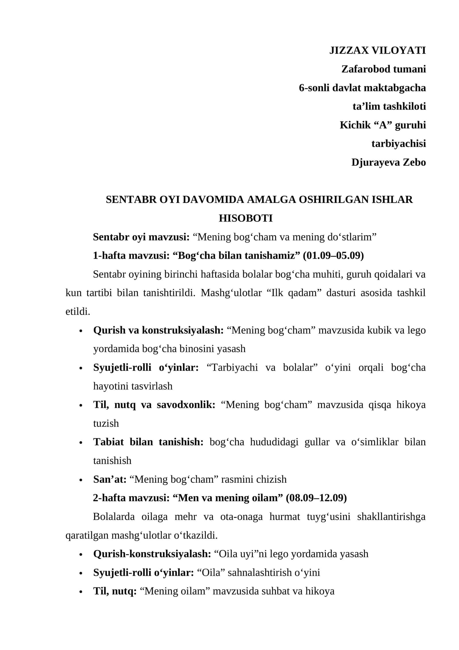Maktabgacha ta'lim tarbiyachisi uchun Sentabr hisoboti