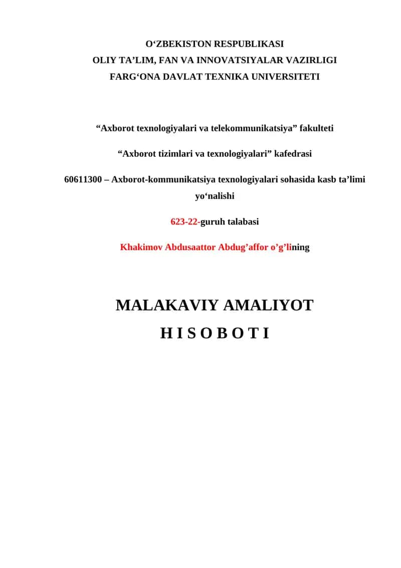 MALAKAVIY AMALIYOT HISOBOTI REJASI