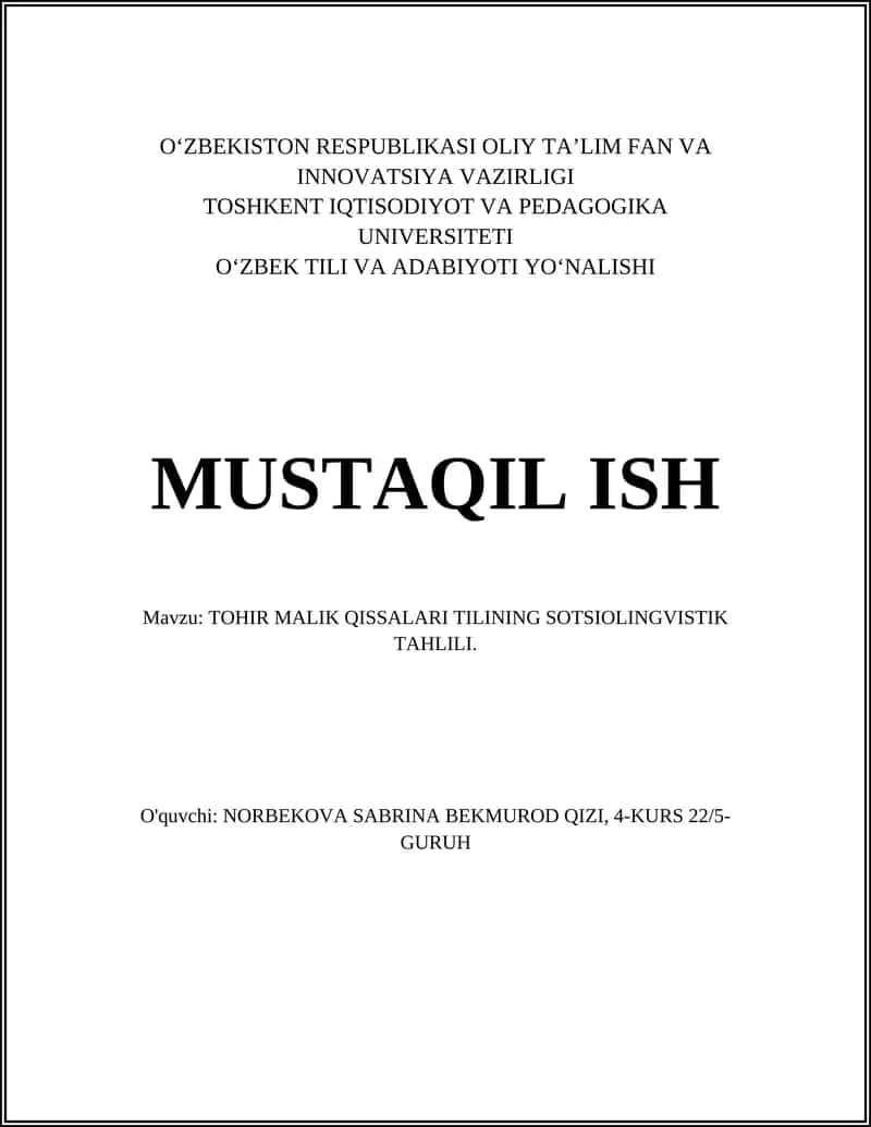 TOHIR MALIK QISSALARI TILINING SOTSIOLINGVISTIK TAHLILI