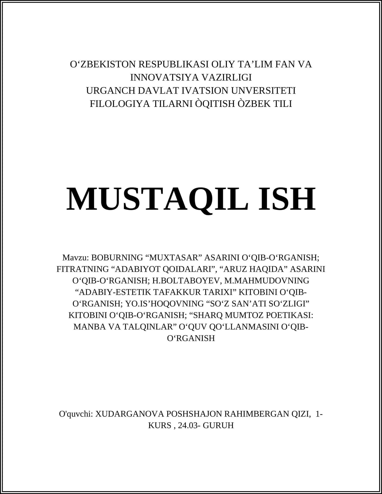 BOBURNING “MUXTASAR” ASARINI O‘QIB-O‘RGANISH