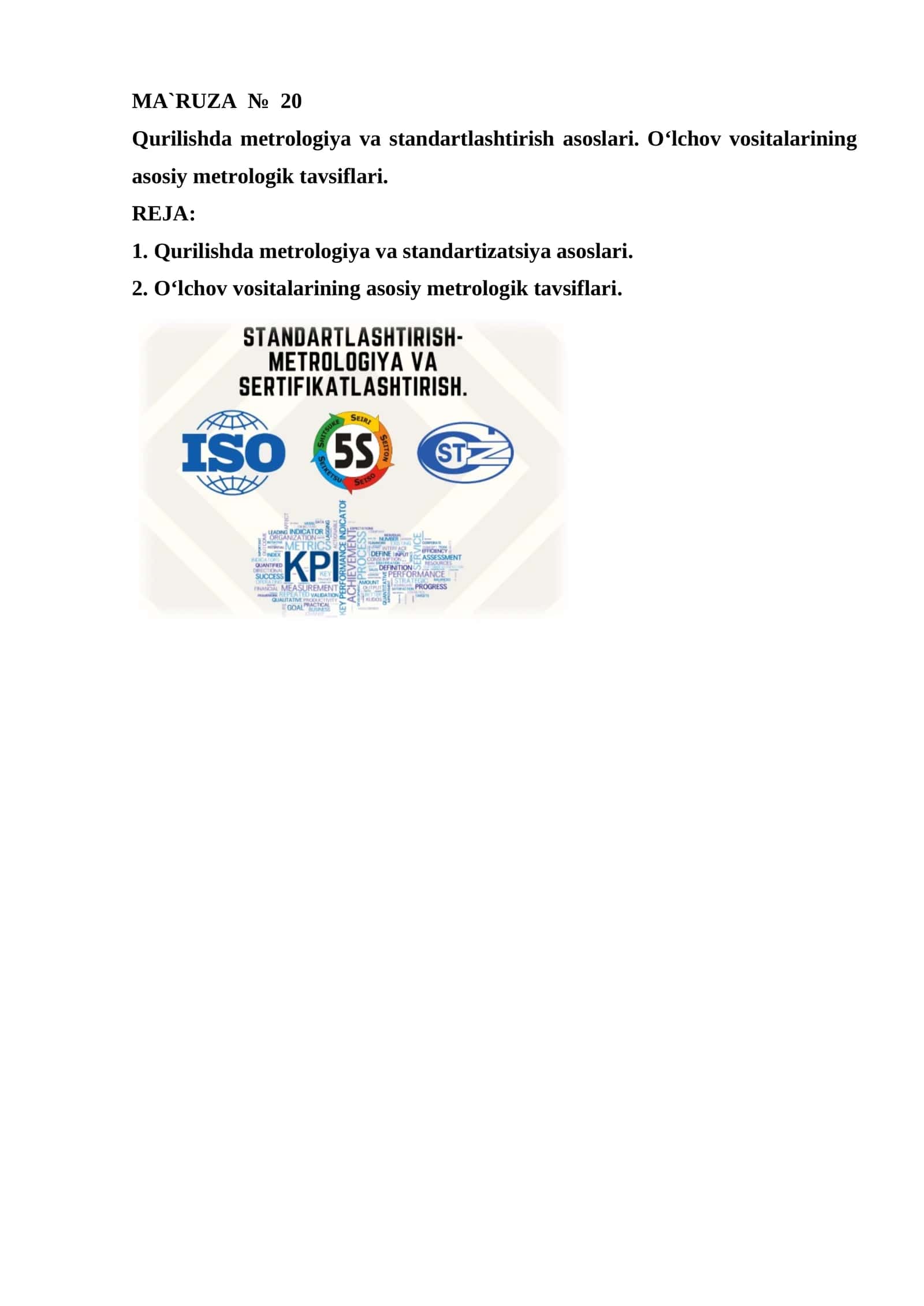 Qurilishda metrologiya va standartlashtirish asoslari. O‘lchov vositalarining asosiy metrologik tavsiflari