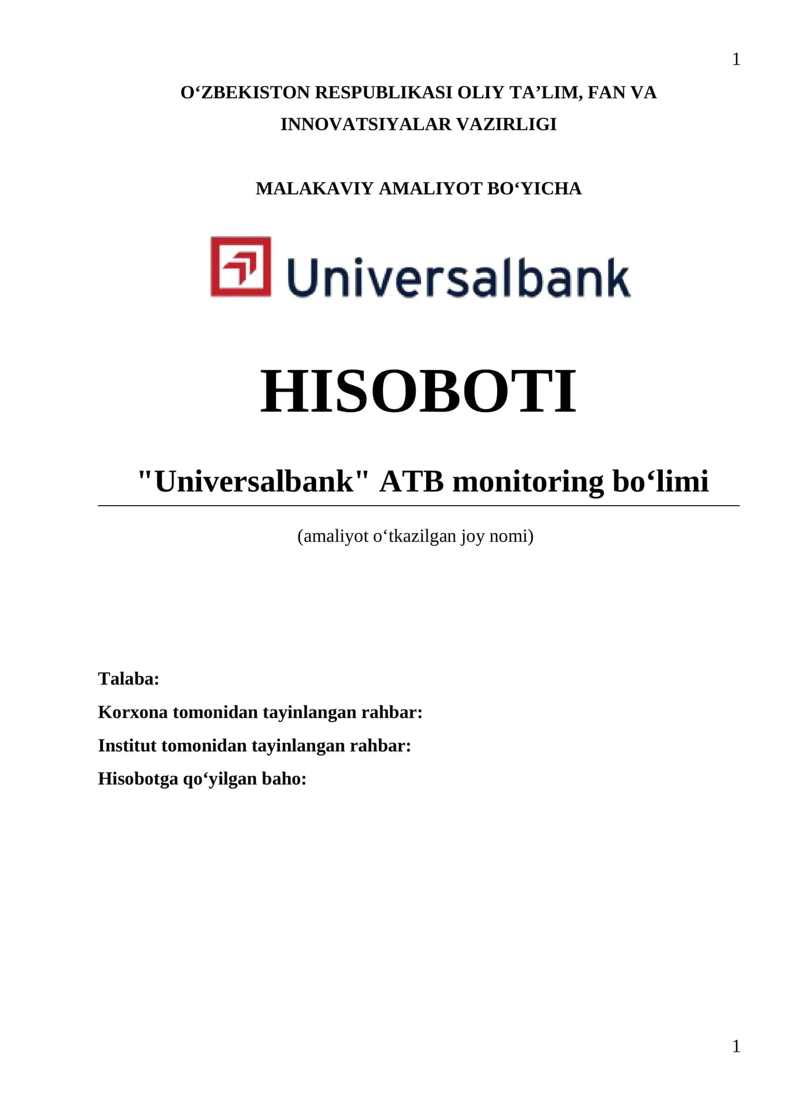 Amaliyot hisoboti "Universalbank" ATB monitoring boʻlimi