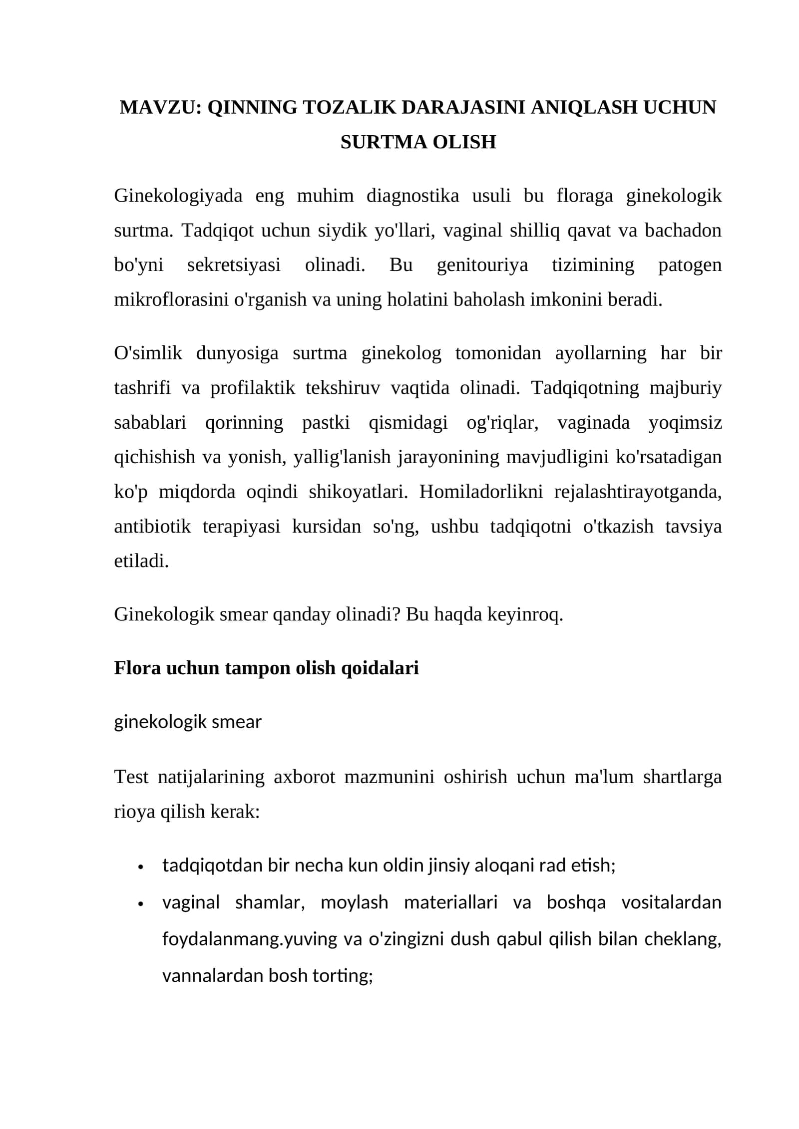 QINNING TOZALIK DARAJASINI ANIQLASH UCHUN SURTMA OLISH