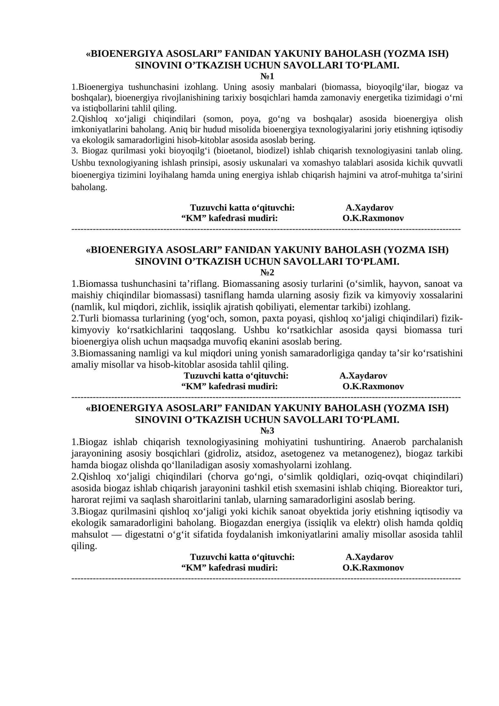 "BIOENERGIYA ASOSLARI" FANIDAN YAKUNIY BAHOLASH (YOZMA ISH) SINOVINI O’TKAZISH UCHUN SAVOLLARI TO‘PLAMI