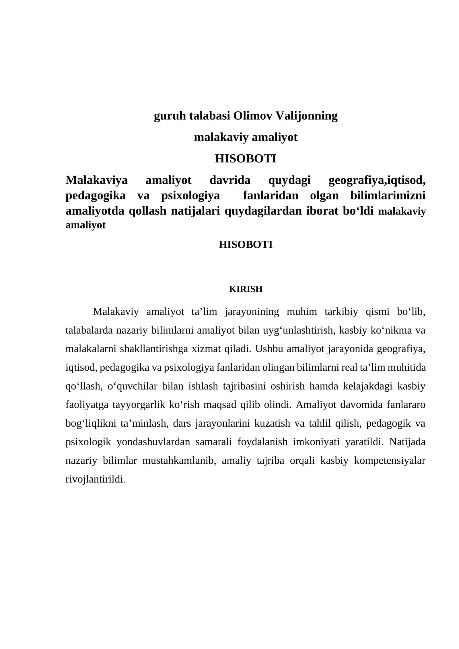 Malakaviy amaliyot HISOBOTI pedagogika va psixologiya