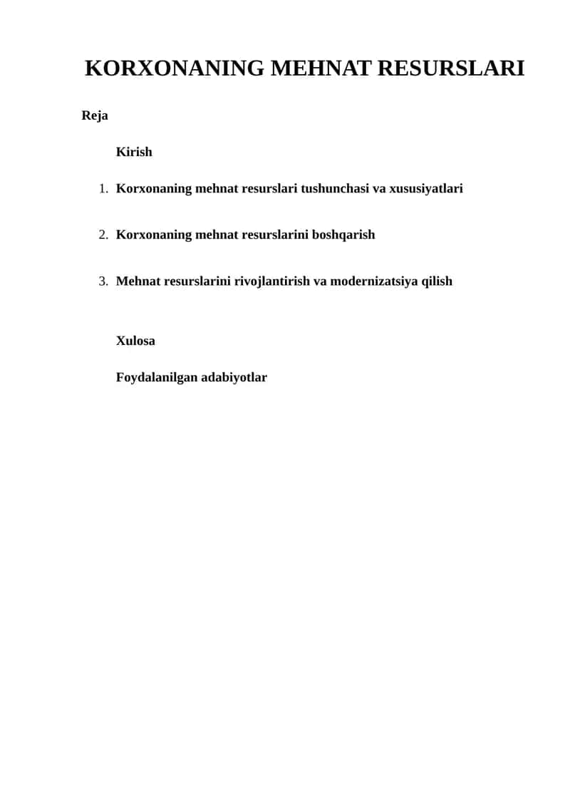 KORXONANING MEHNAT RESURSLARI