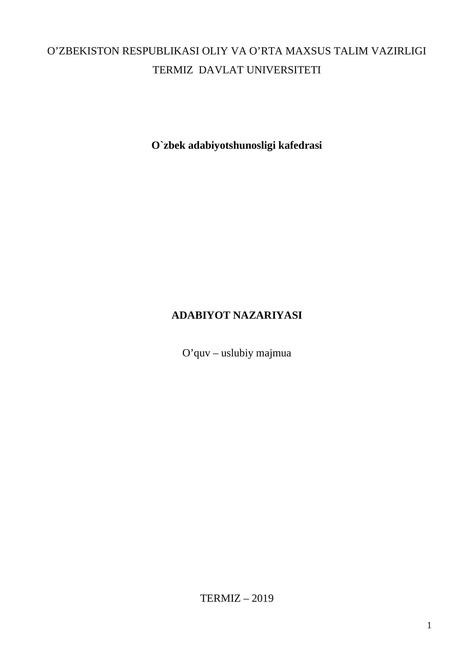 ADABIYOT NAZARIYASI O’quv – uslubiy majmua