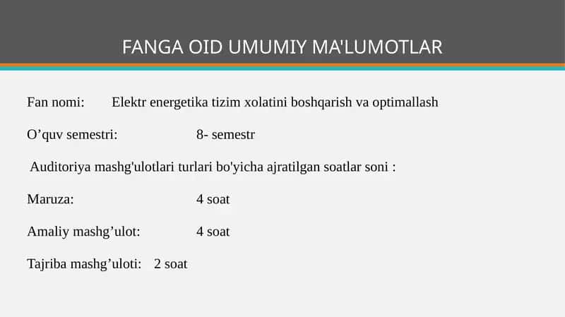 Elektrenergetika tizim xolatini boshqarish va optimallash