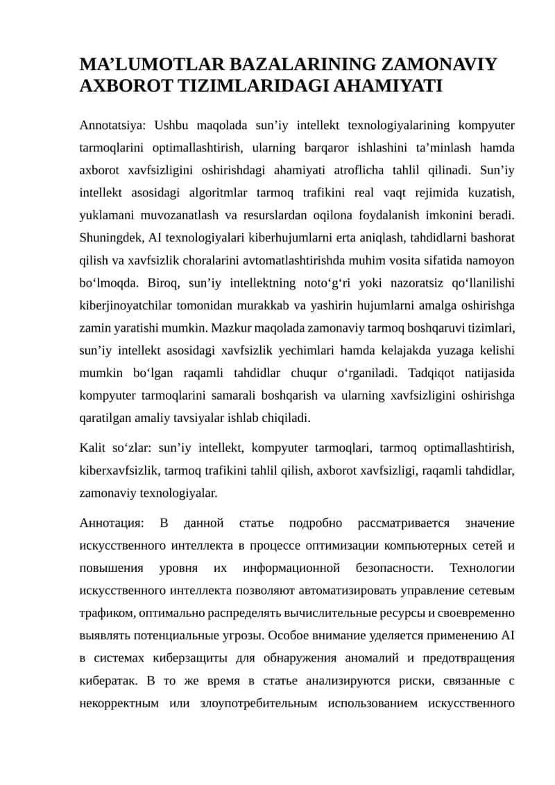 MA’LUMOTLAR BAZALARINING ZAMONAVIY AXBOROT TIZIMLARIDAGI AHAMIYATI