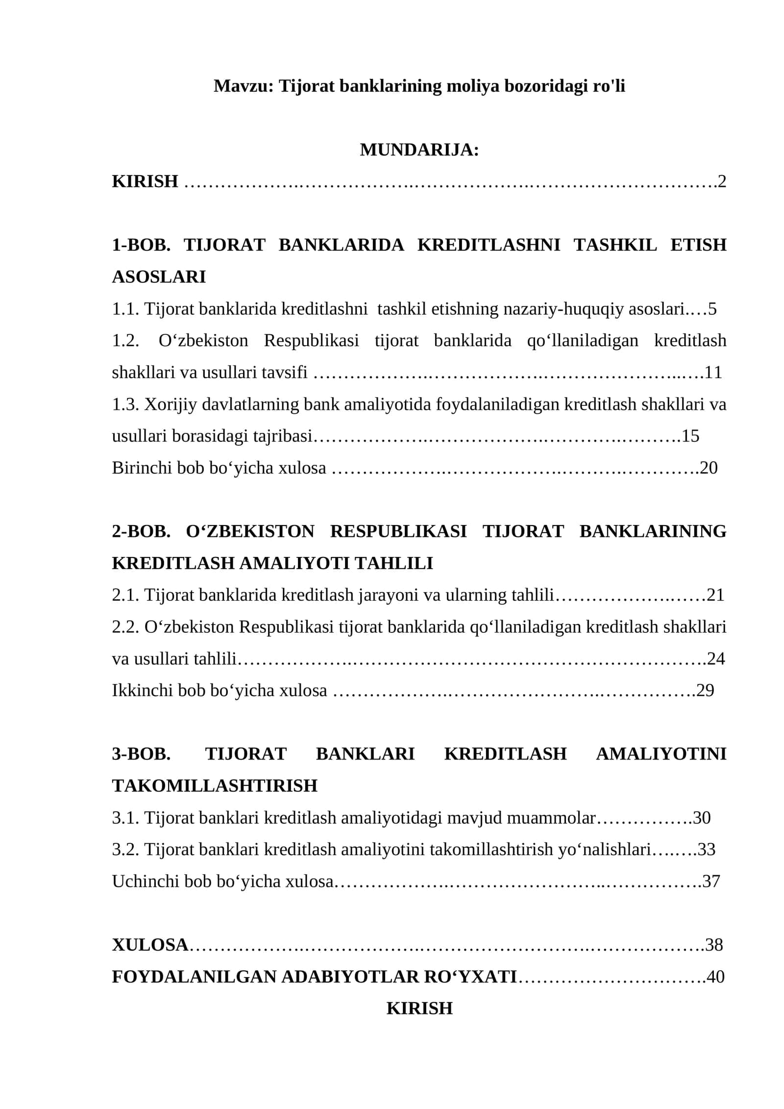 Tijorat banklarining moliya bozoridagi ro'li