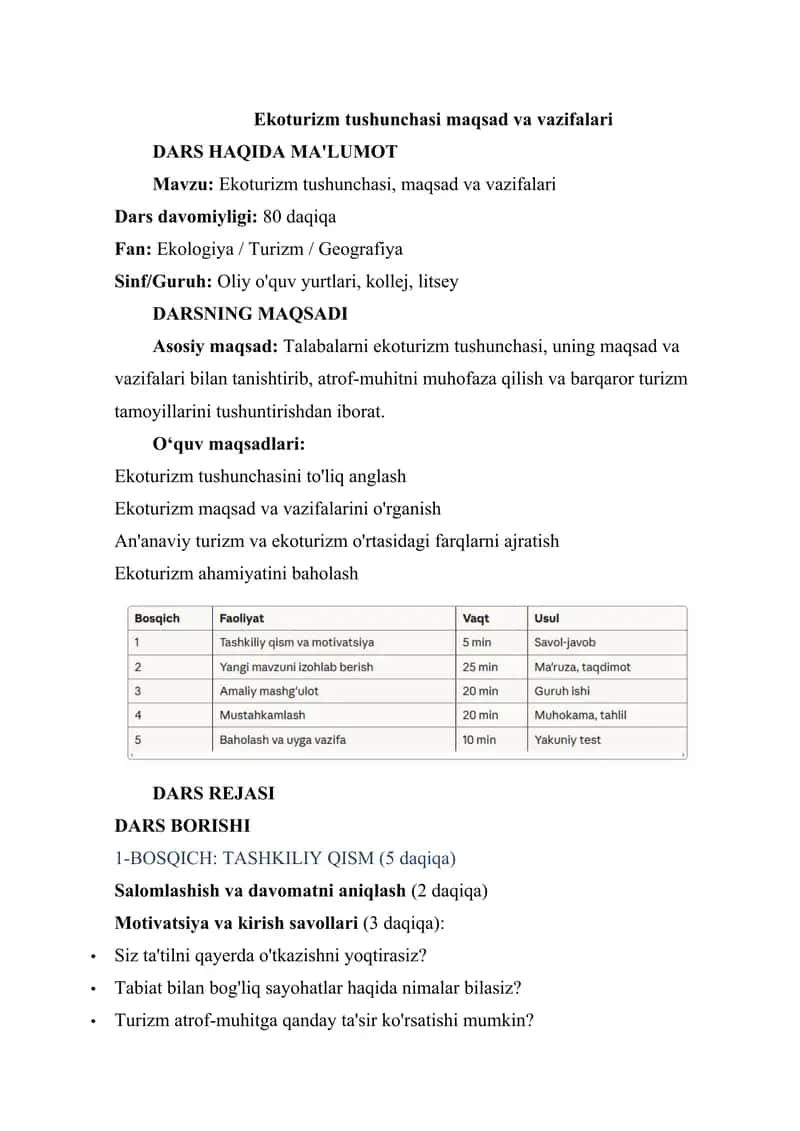 Ekoturizm tushunchasi maqsad va vazifalari