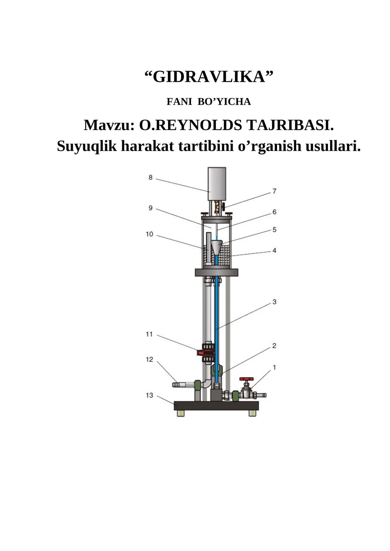 REYNOLDS TAJRIBASI. Suyuqlik harakat tartibini o’rganish usullari