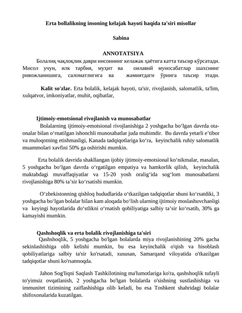 Erta bollalikning insoning kelajak hayoti haqida ta'siri misollar