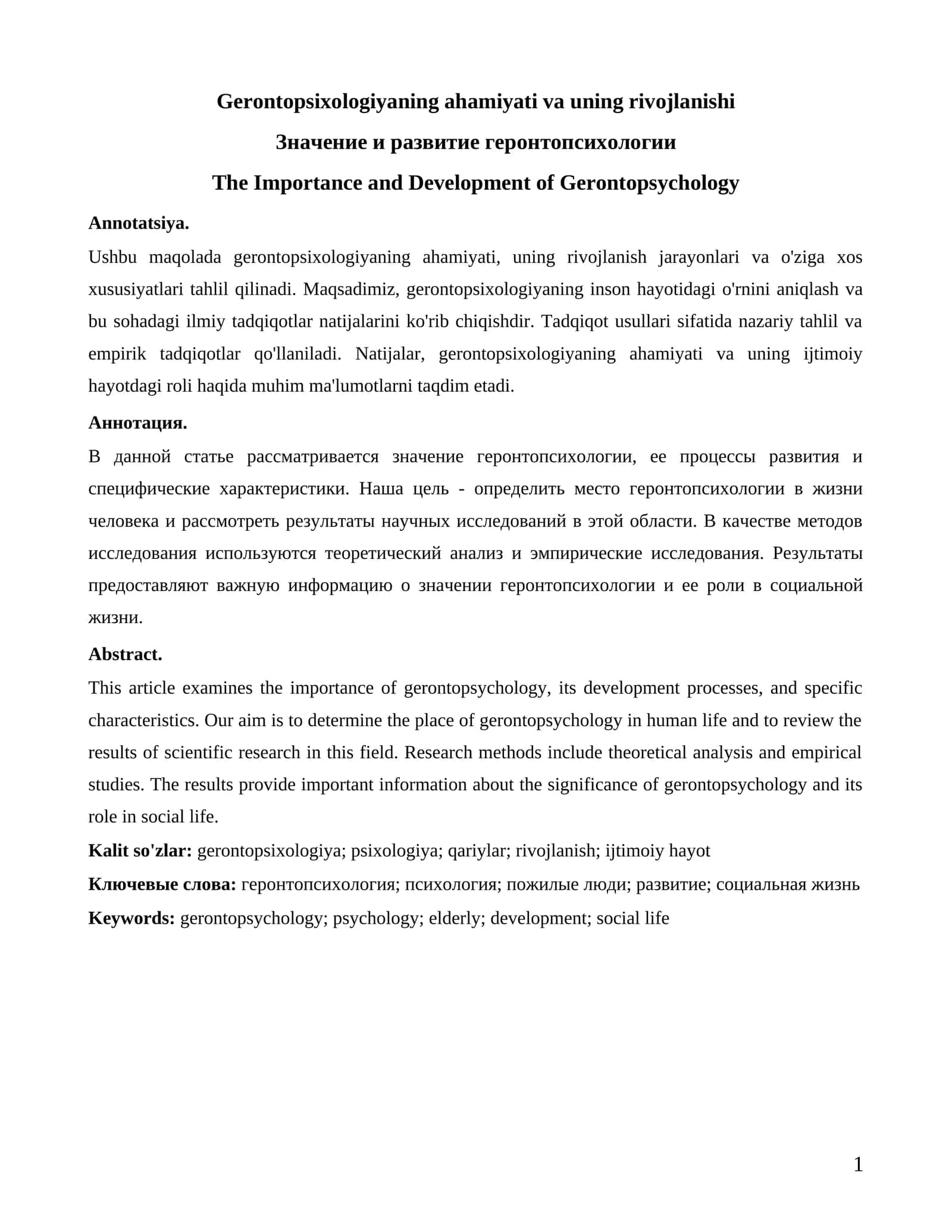 Gerontopsixologiyaning ahamiyati va uning rivojlanishi
