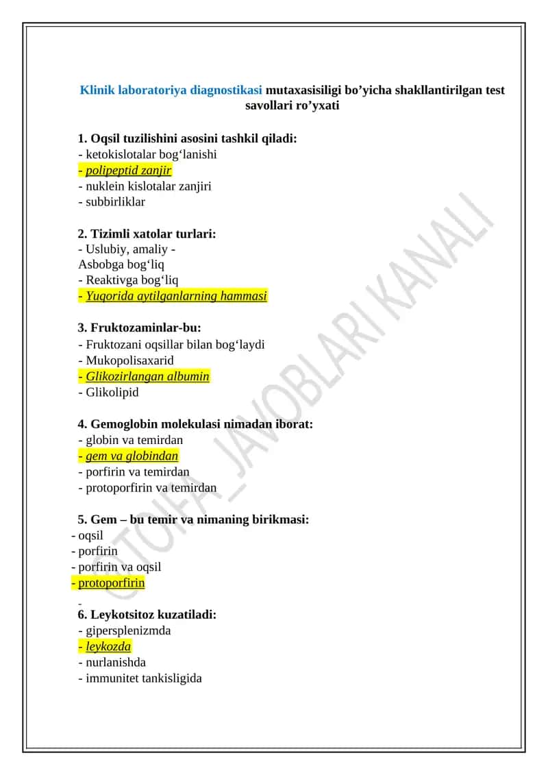 Klinik laboratoriya diagnostikasi mutaxasisiligi bo’yicha shakllantirilgan test savollari ro’yxati