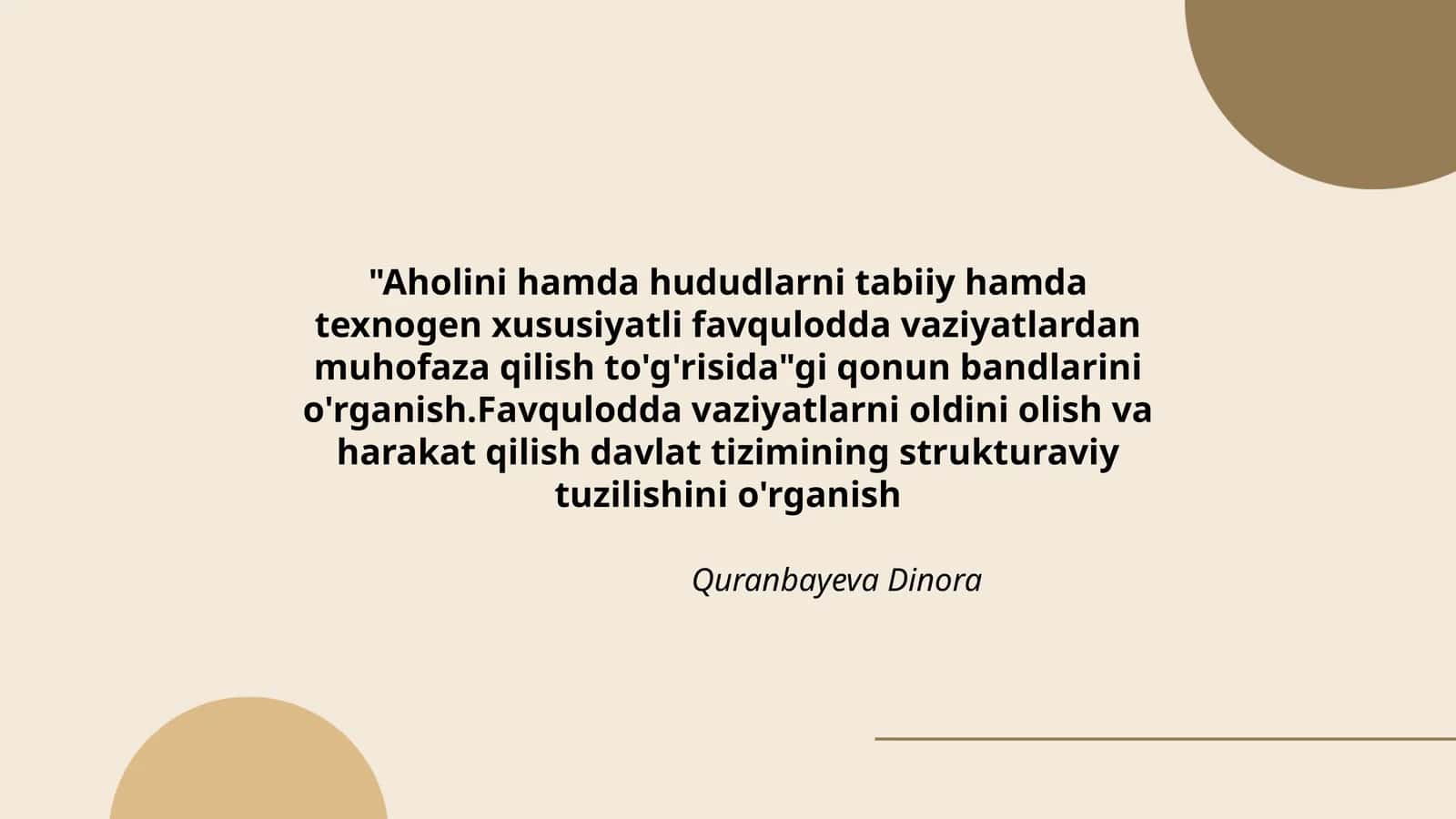 "Aholini hamda hududlarni tabiiy hamda texnogen xususiyatli favqulodda vaziyatlardan muhofaza qilish to'g'risida"gi qonun bandlarini o'rganish