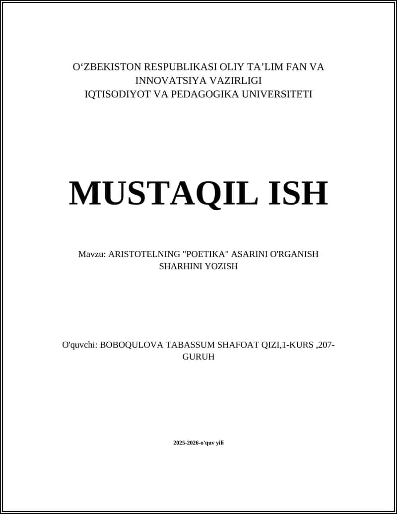 ARISTOTELNING "POETIKA" ASARINI O'RGANISH SHARHINI YOZISH
