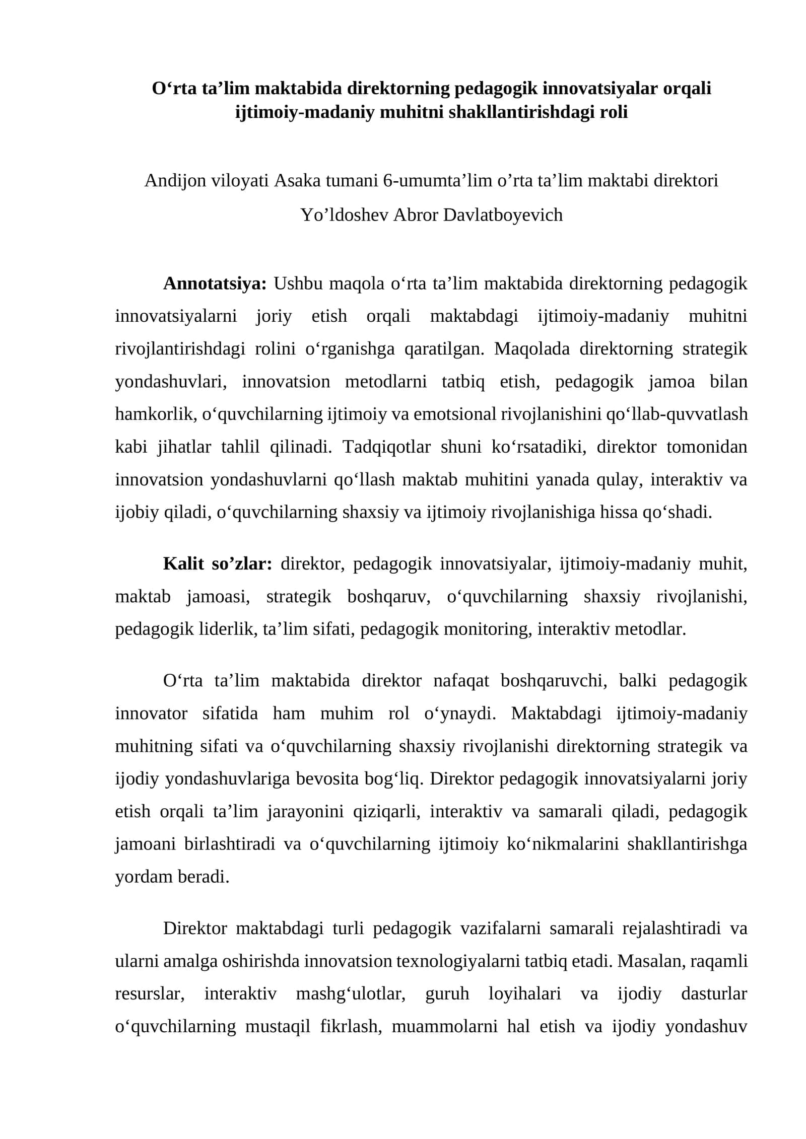 Mavzu: O‘rta ta’lim maktabida direktorning pedagogik innovatsiyalar orqali ijtimoiy-madaniy muhitni shakllantirishdagi roli