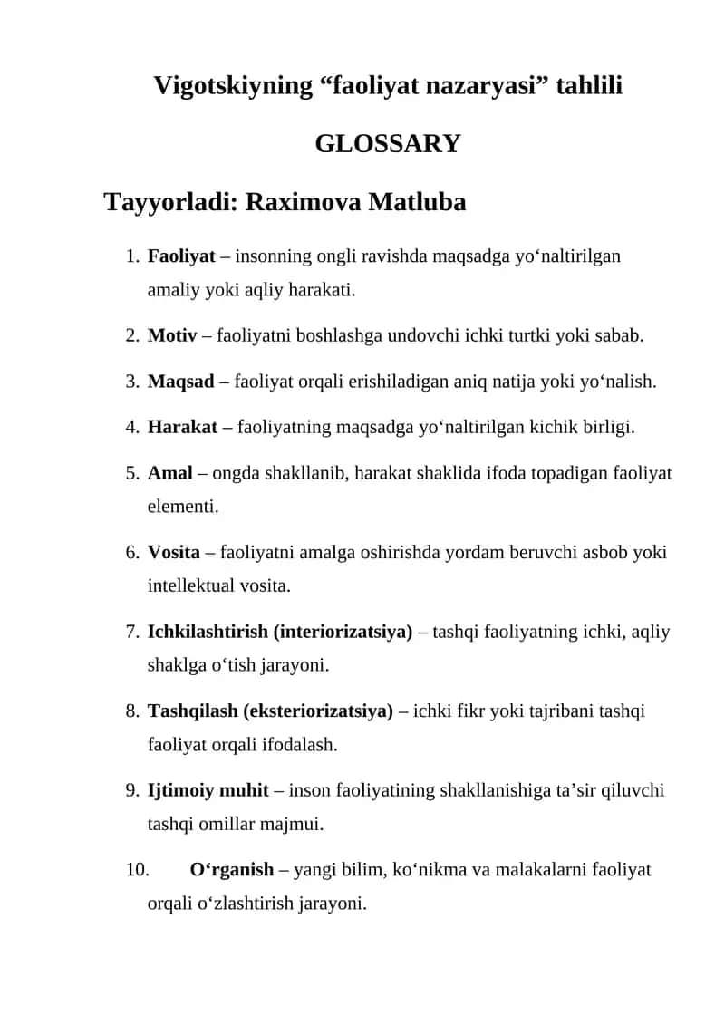 Vigotskiyning “faoliyat nazaryasi” tahlili