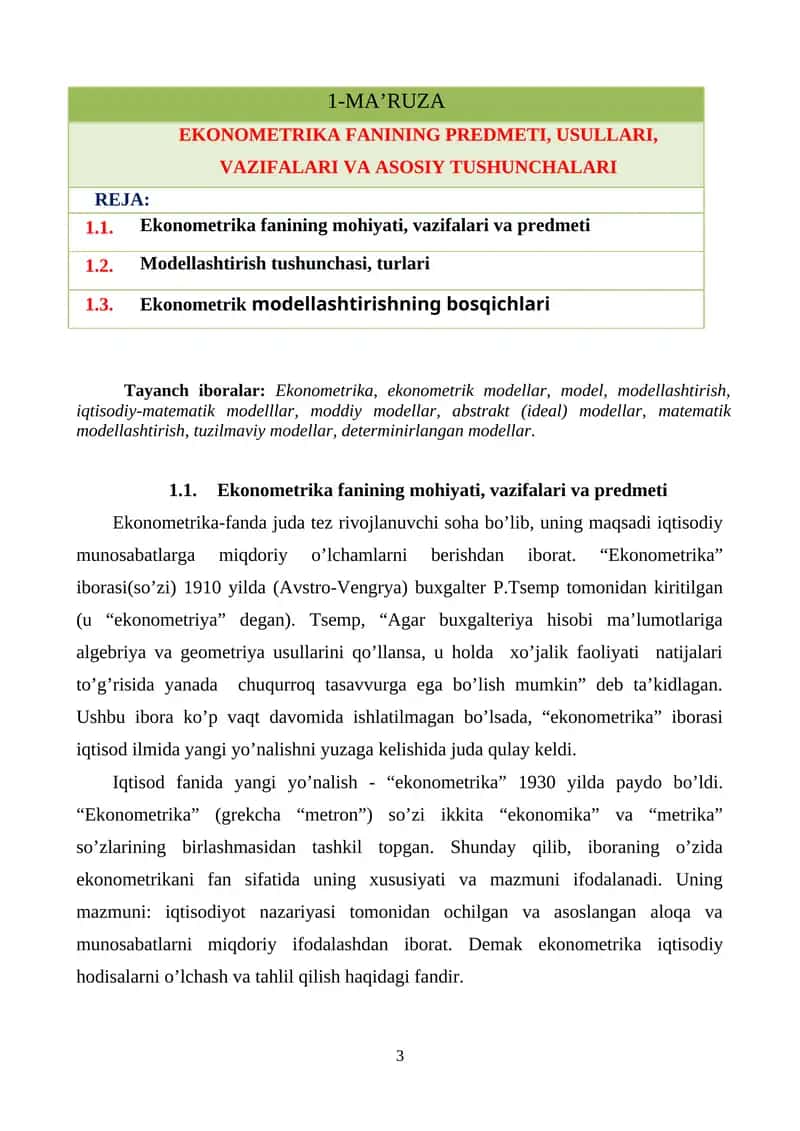 Ekonometrika Fanining Predmeti, Usullari, Vazifalari va Asosiy Tushunchalari